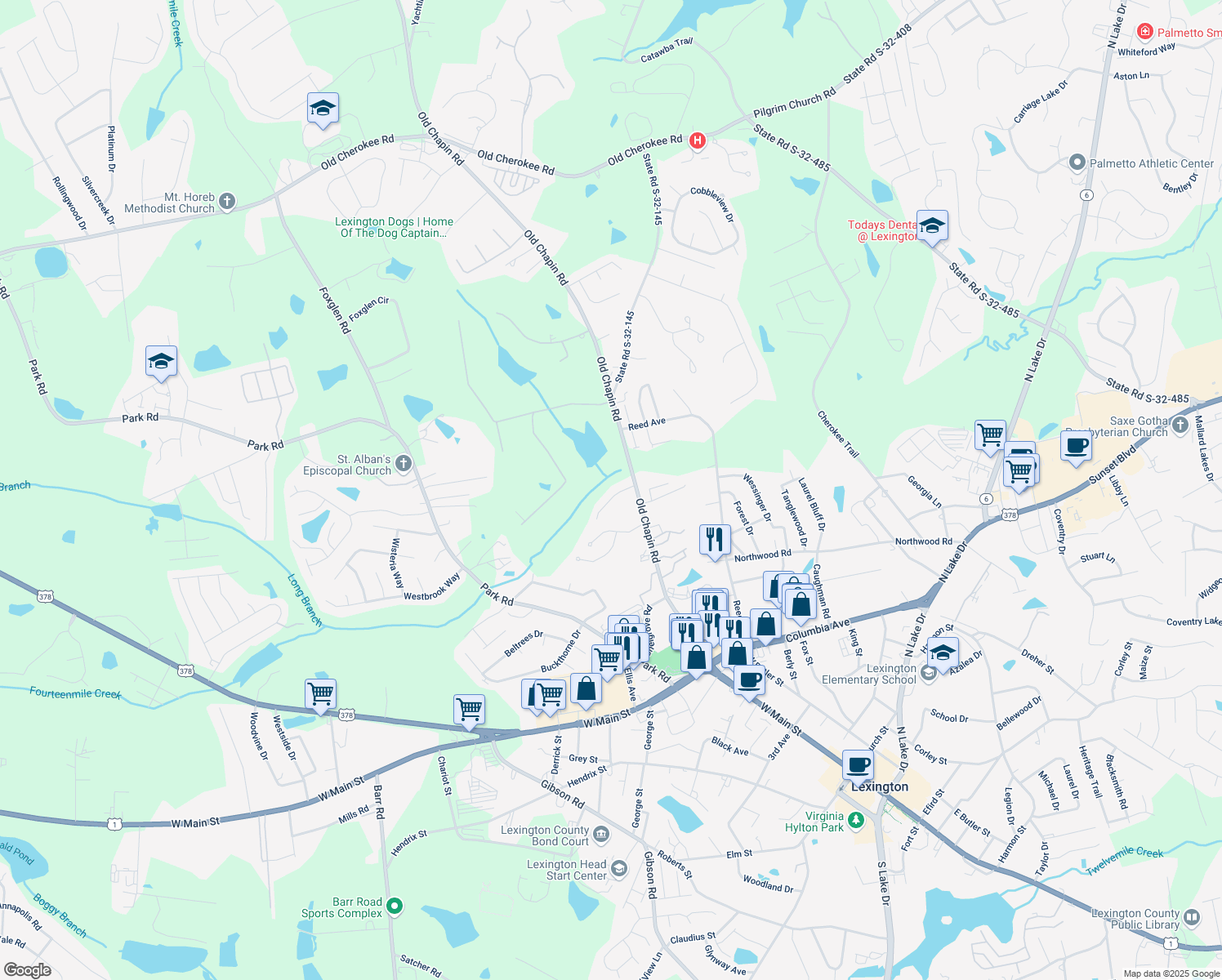 map of restaurants, bars, coffee shops, grocery stores, and more near 116 Waverly Point Drive in Lexington