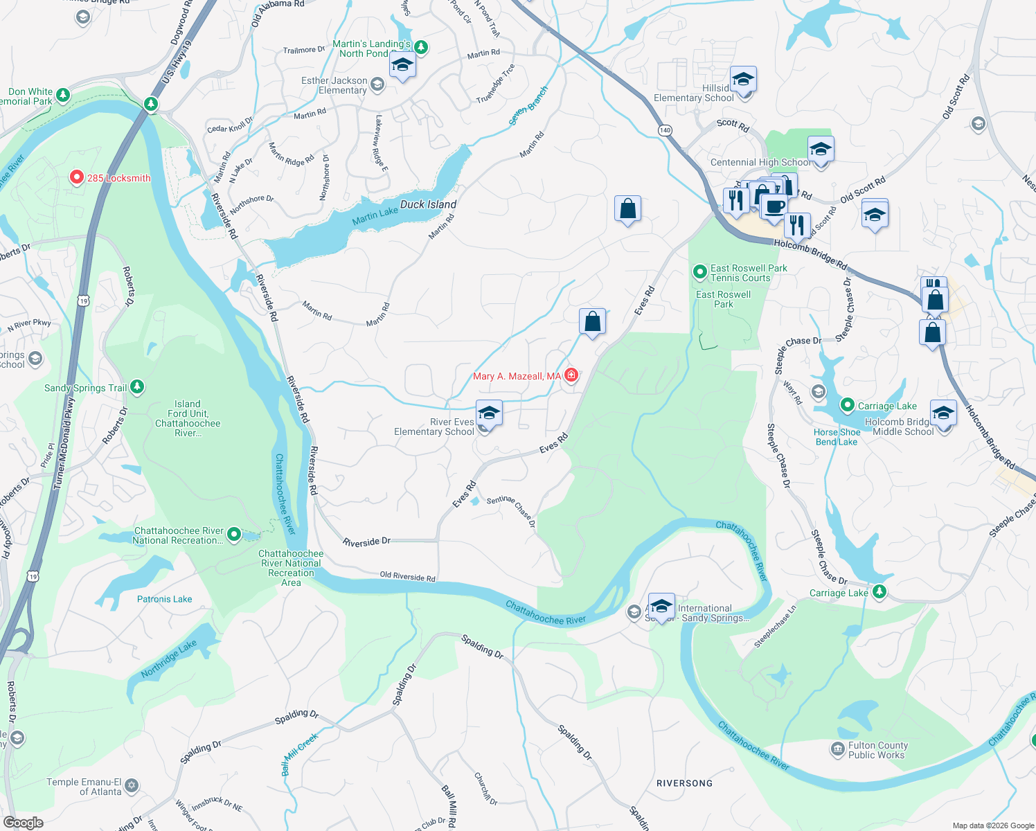 map of restaurants, bars, coffee shops, grocery stores, and more near 1625 Misty River Run in Roswell