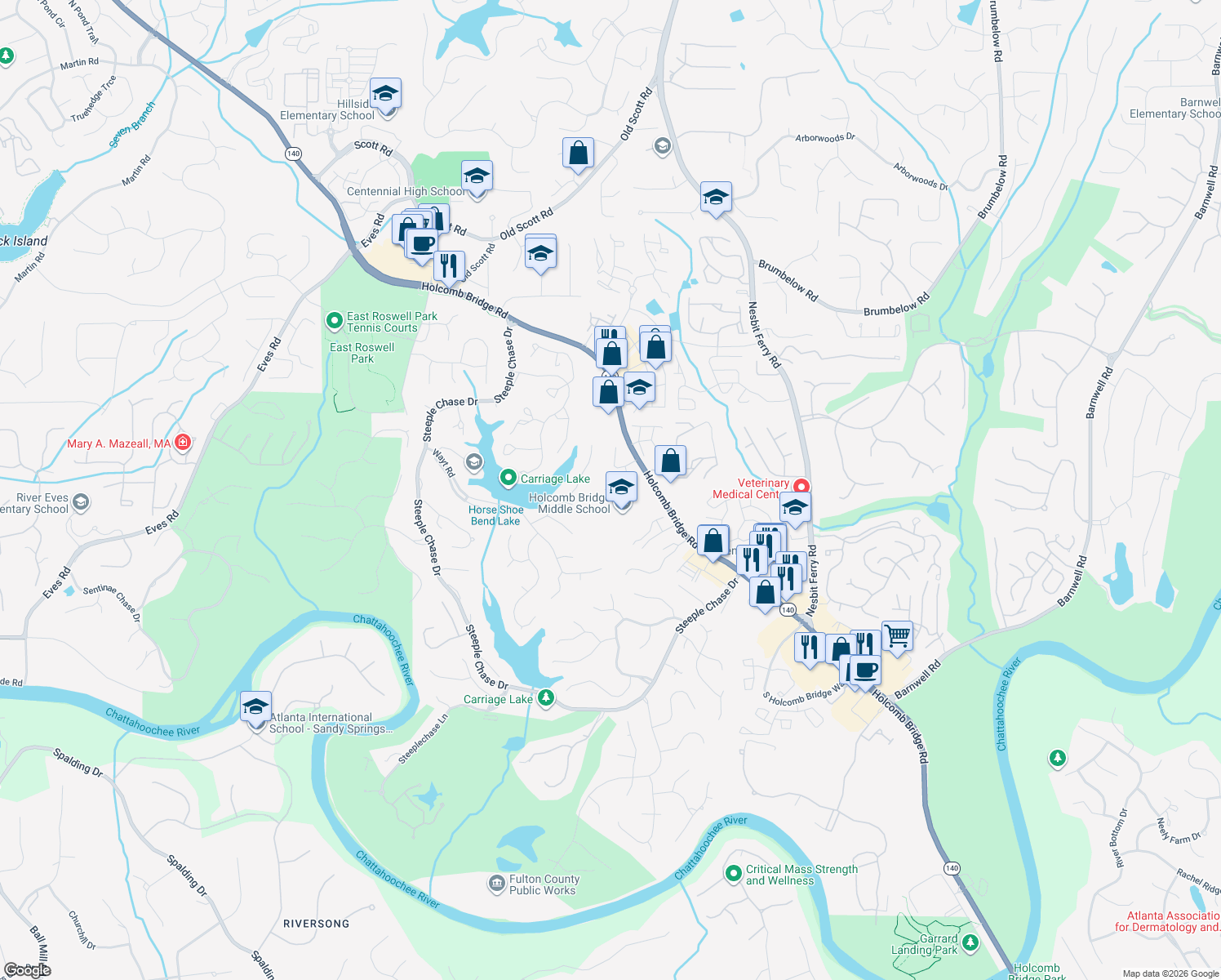 map of restaurants, bars, coffee shops, grocery stores, and more near 550 S Riversong Ln in Alpharetta