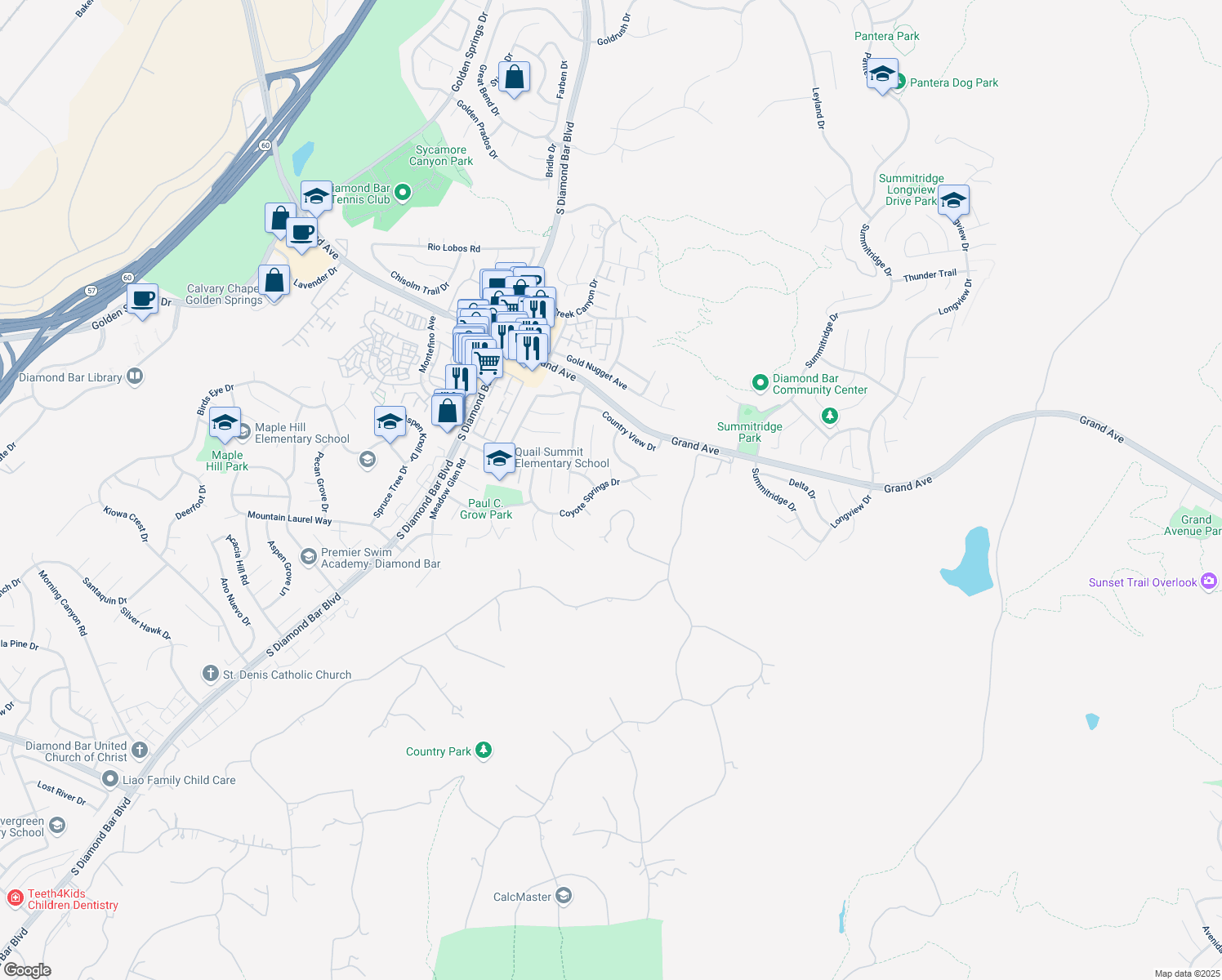map of restaurants, bars, coffee shops, grocery stores, and more near 23520 Coyote Springs Drive in Diamond Bar