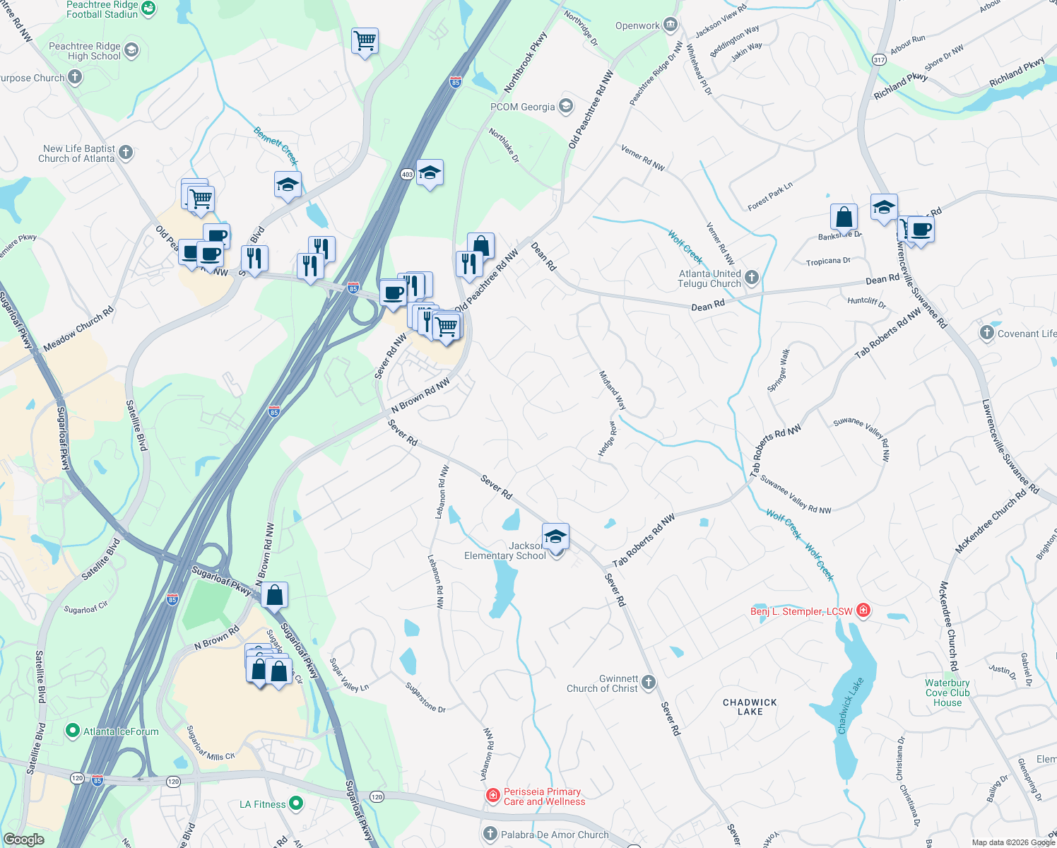 map of restaurants, bars, coffee shops, grocery stores, and more near 1385 Cresthaven Ln NW in Lawrenceville