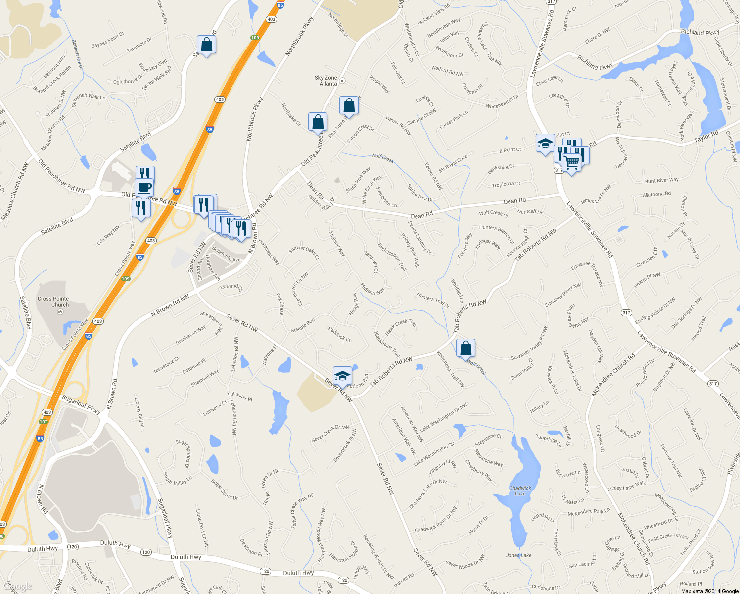 map of restaurants, bars, coffee shops, grocery stores, and more near 1220 Midland Way in Lawrenceville