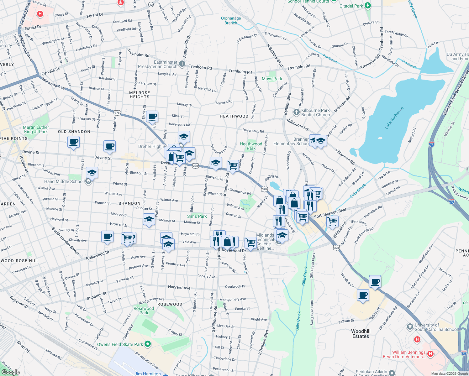 map of restaurants, bars, coffee shops, grocery stores, and more near 3825 Bloomwood Road in Columbia
