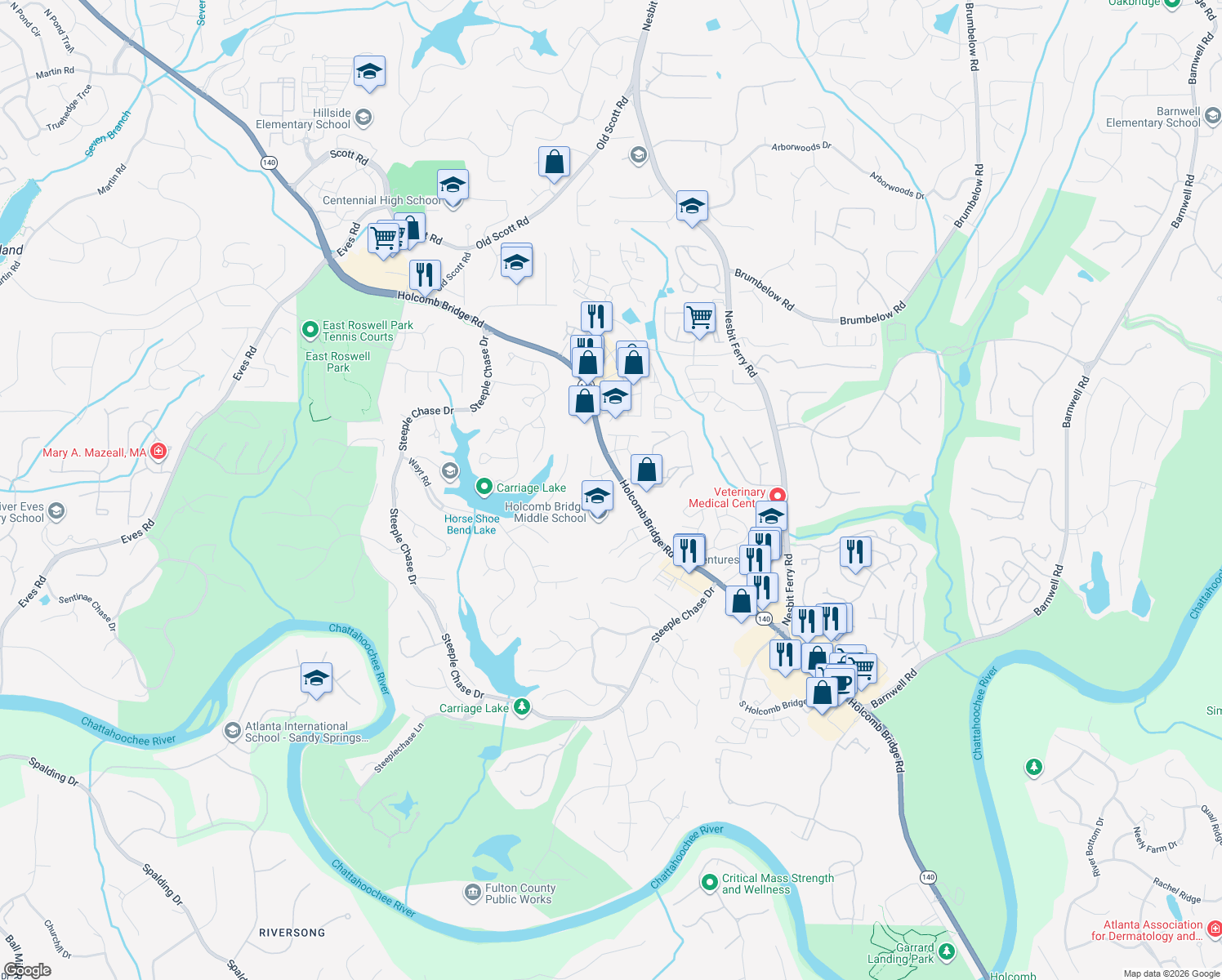 map of restaurants, bars, coffee shops, grocery stores, and more near 5 N Riversong Ct in Alpharetta
