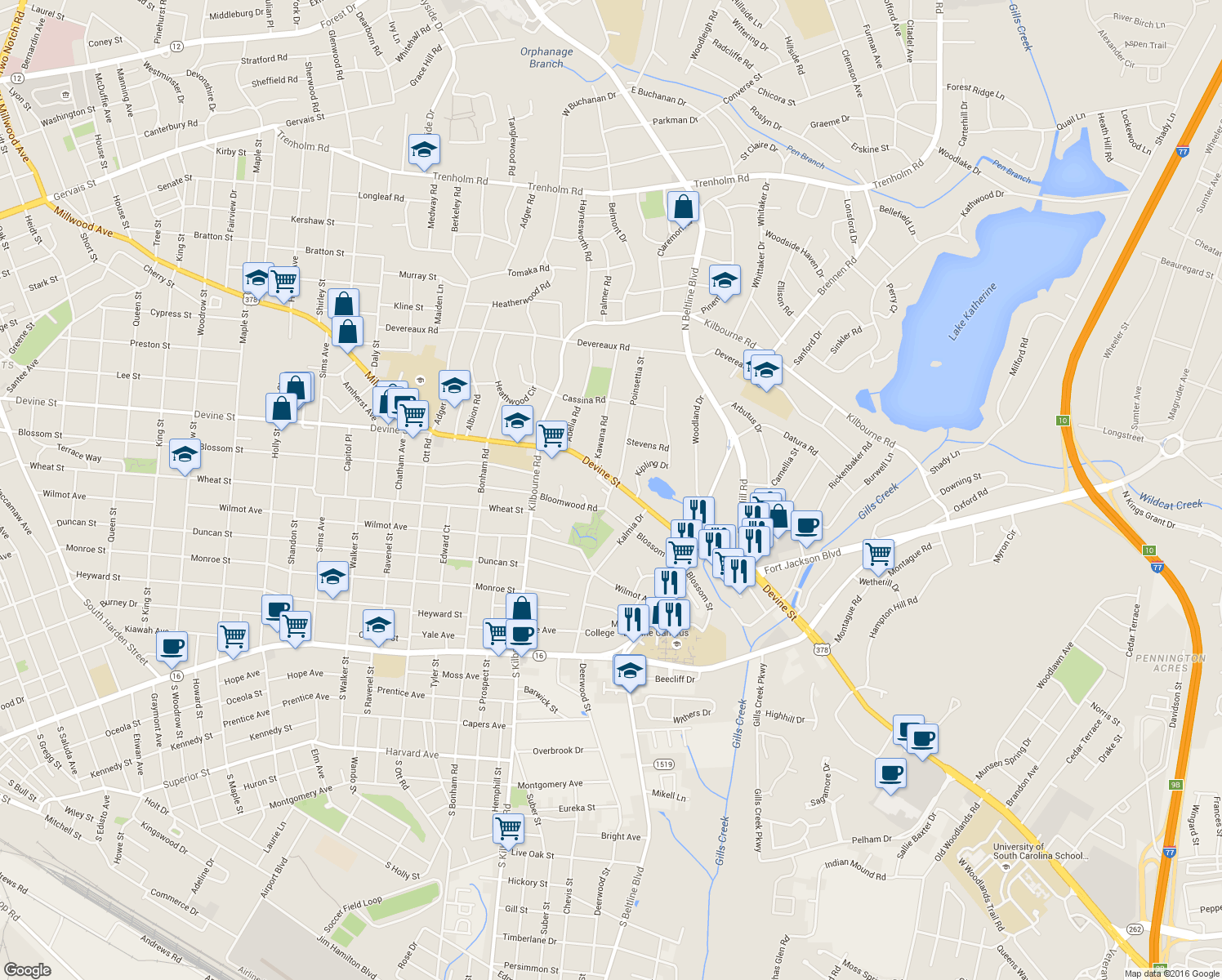 map of restaurants, bars, coffee shops, grocery stores, and more near 2 Cameron Court in Columbia