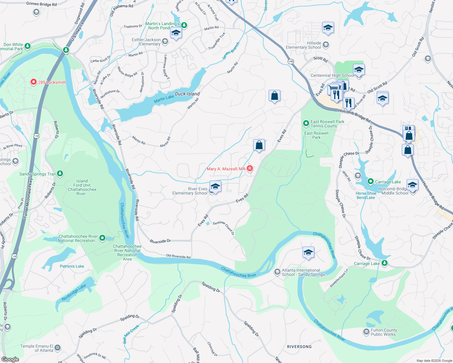 map of restaurants, bars, coffee shops, grocery stores, and more near 1610 Misty River Run in Roswell