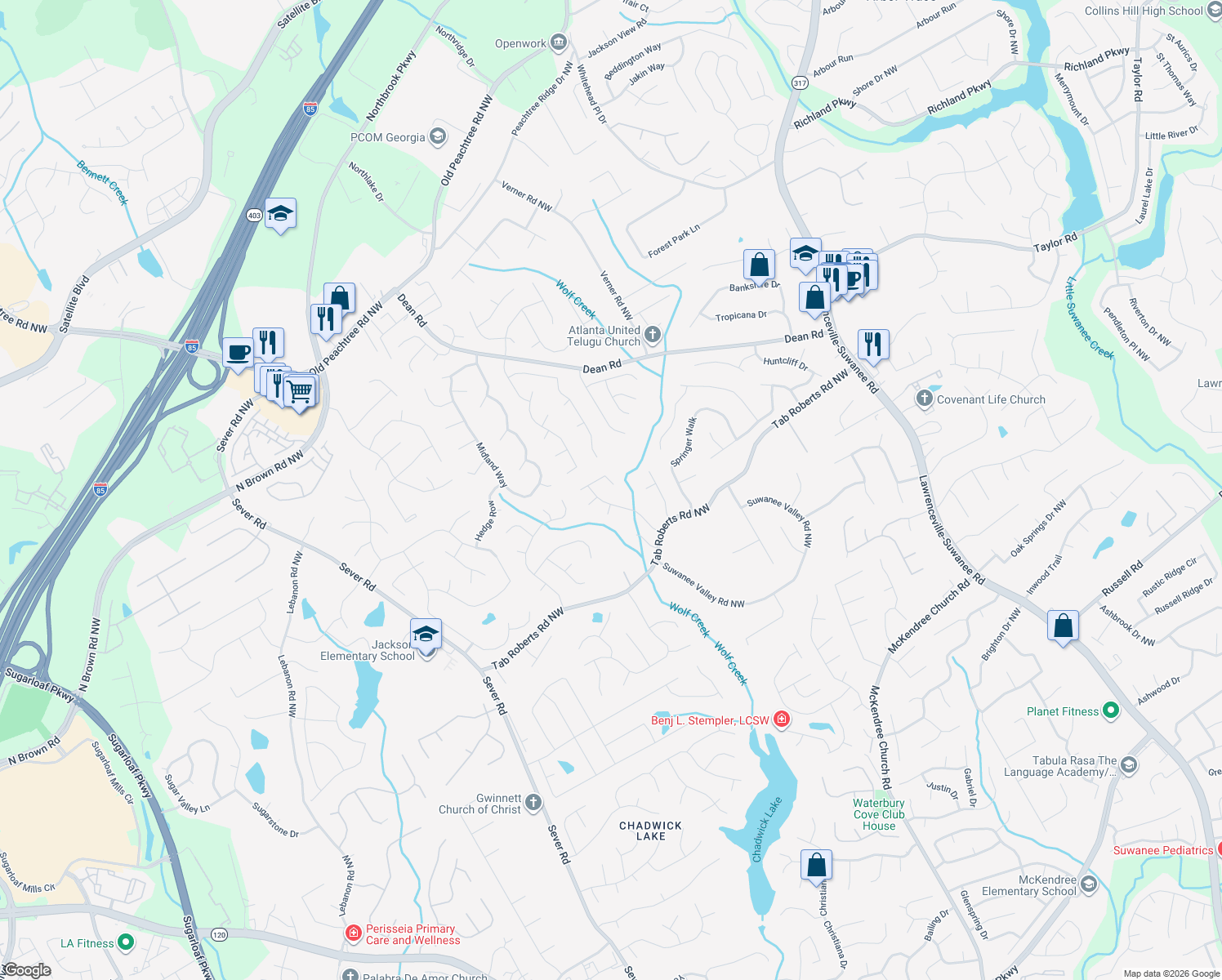 map of restaurants, bars, coffee shops, grocery stores, and more near 900 Wolf Springs Cove in Lawrenceville