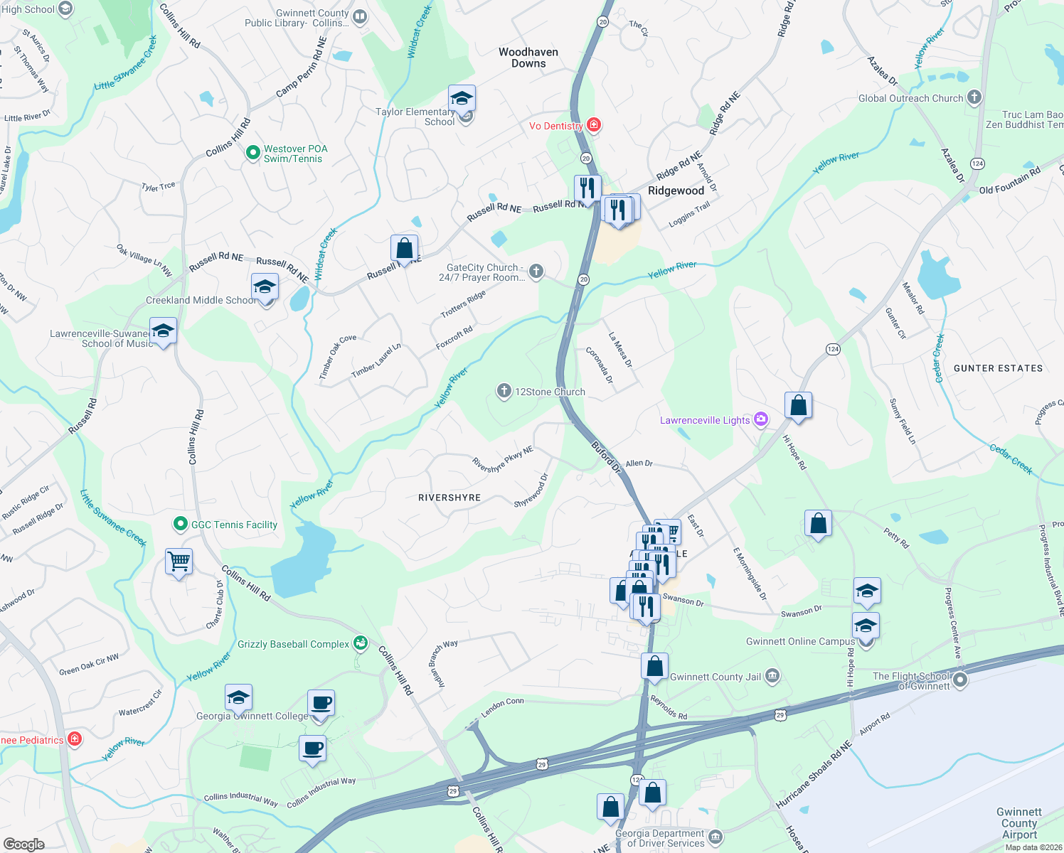map of restaurants, bars, coffee shops, grocery stores, and more near 1234 Riverloch Way in Lawrenceville