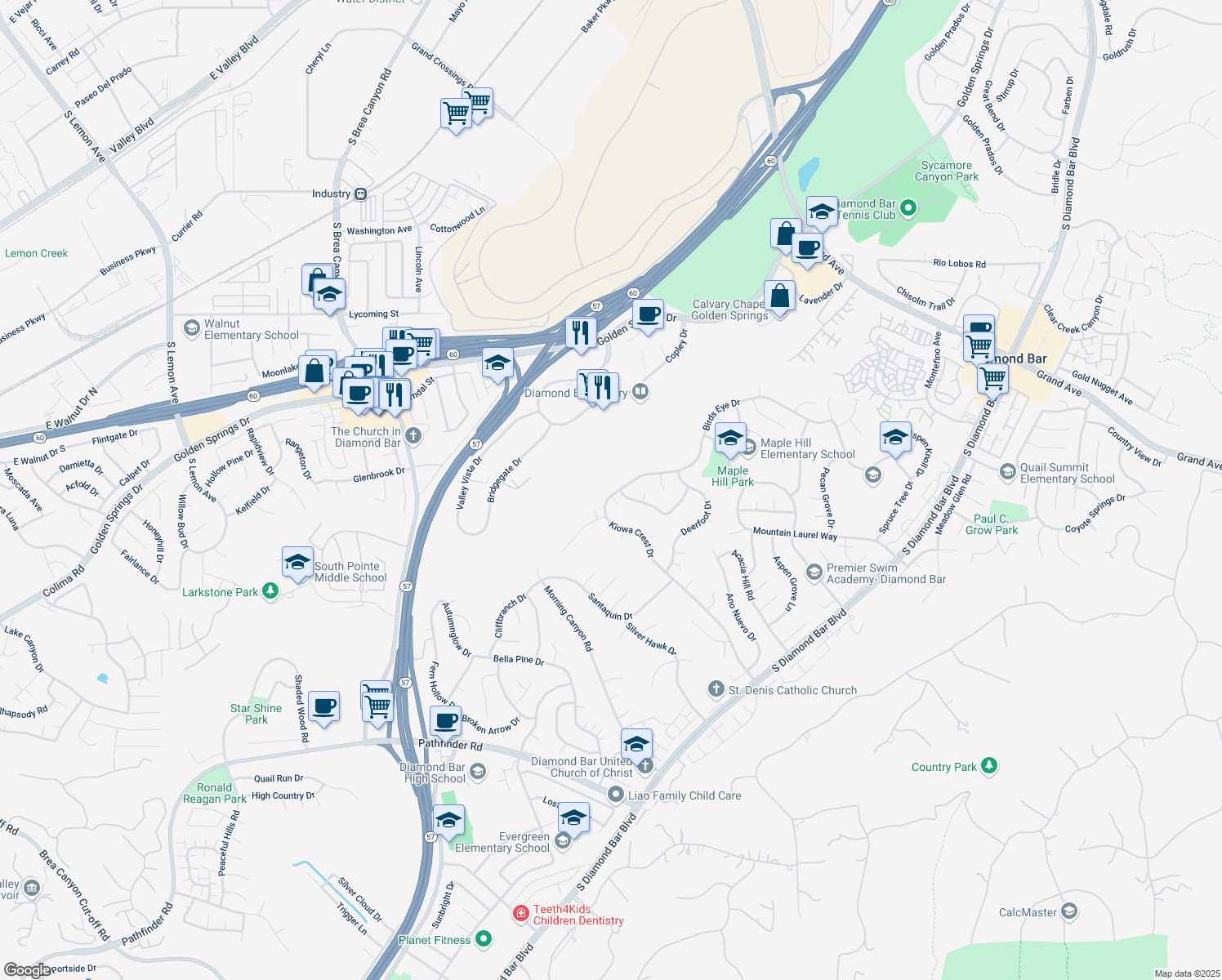 map of restaurants, bars, coffee shops, grocery stores, and more near 21955 Birds Eye Drive in Diamond Bar