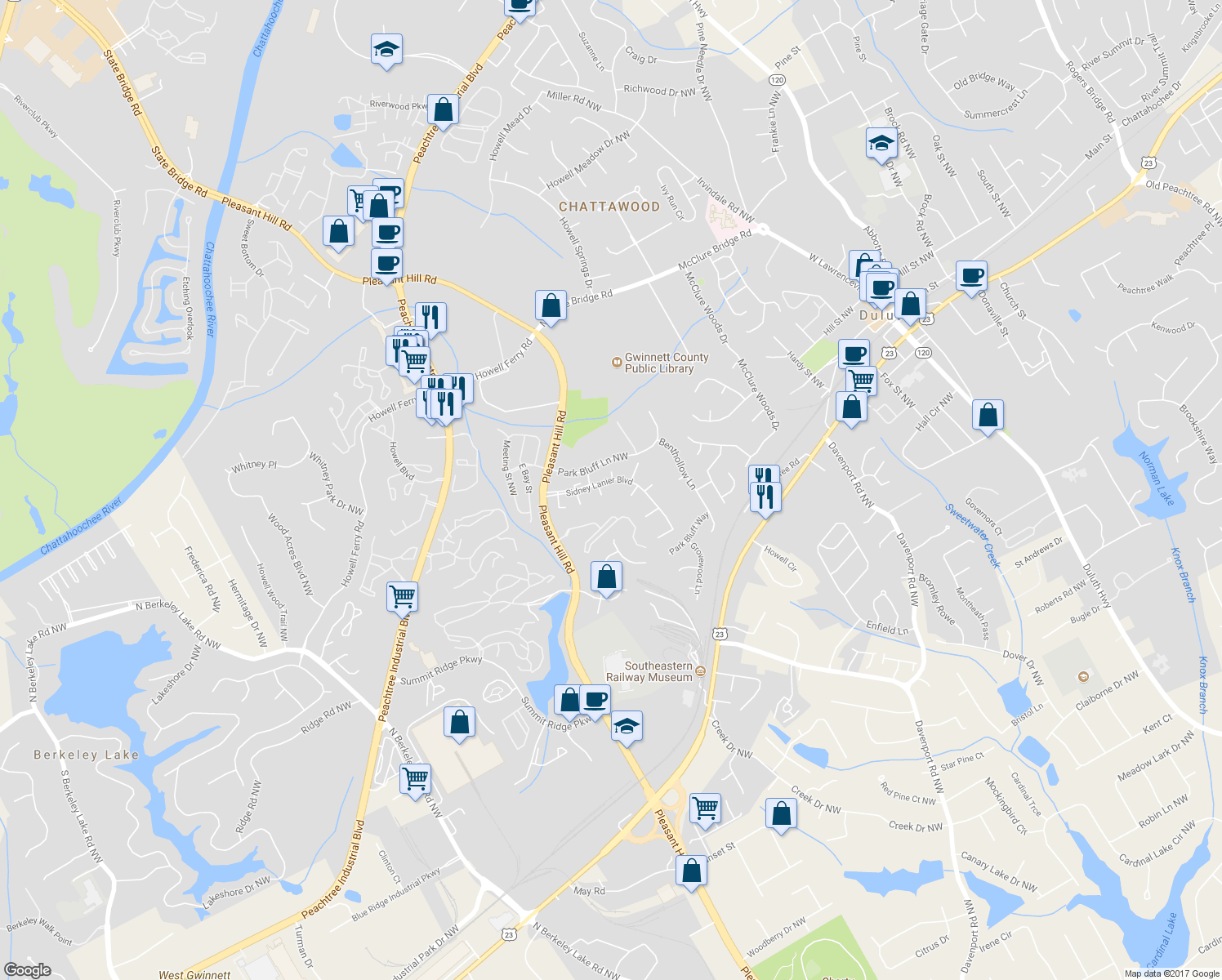 map of restaurants, bars, coffee shops, grocery stores, and more near 3621 Stedman Place in Duluth