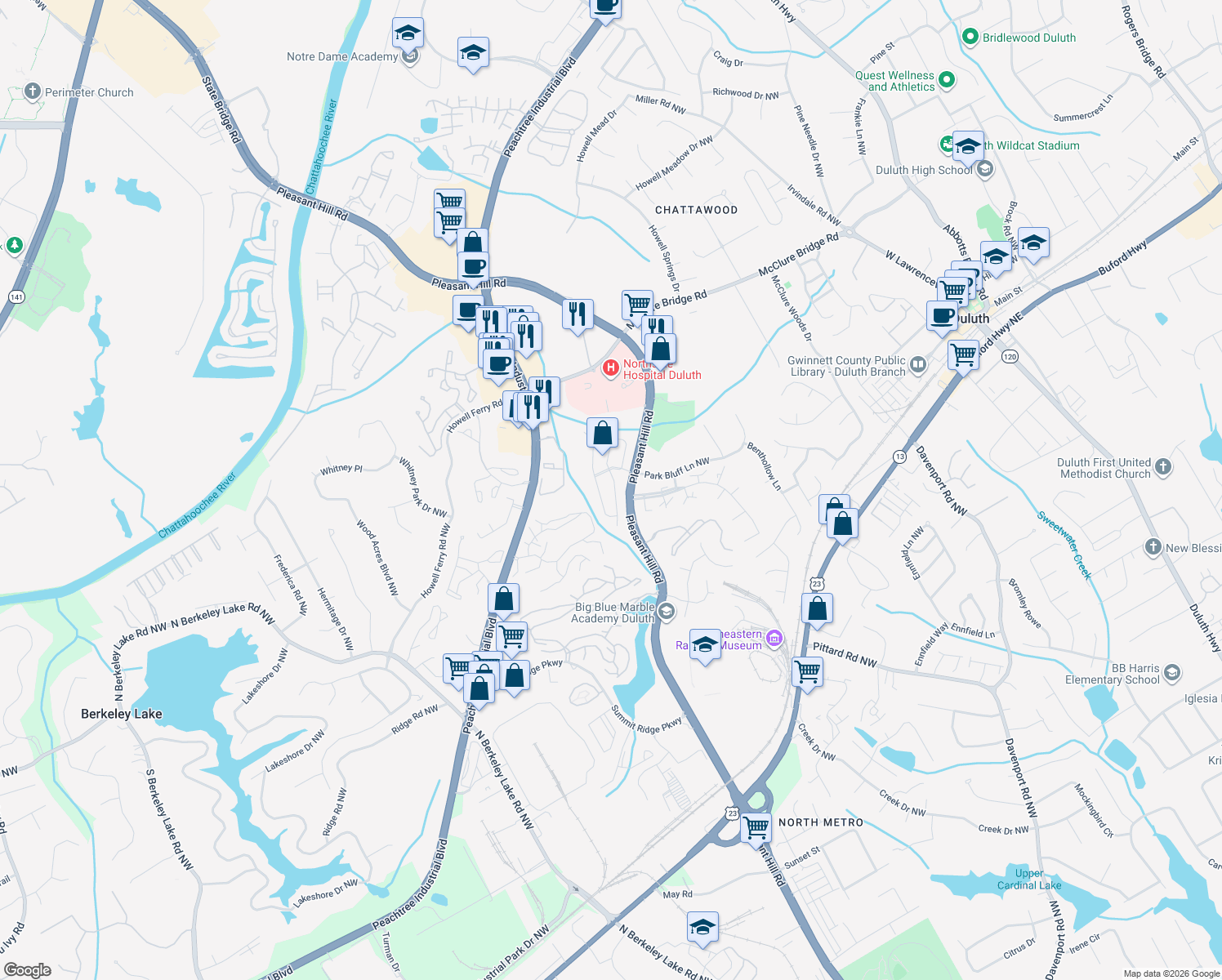 map of restaurants, bars, coffee shops, grocery stores, and more near 3670 East Bay Street in Duluth