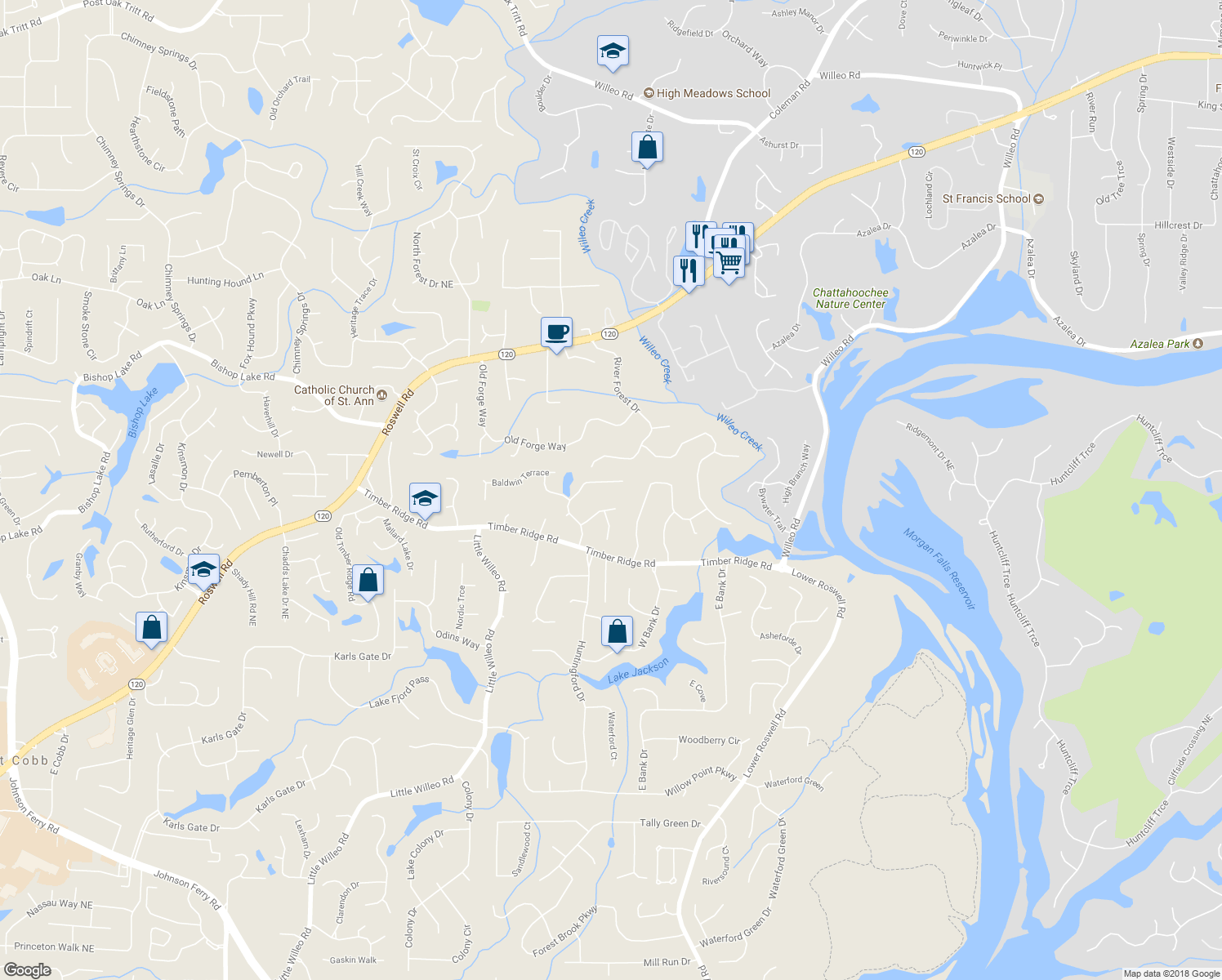 map of restaurants, bars, coffee shops, grocery stores, and more near 1822 Baldwin Farms Drive in Marietta