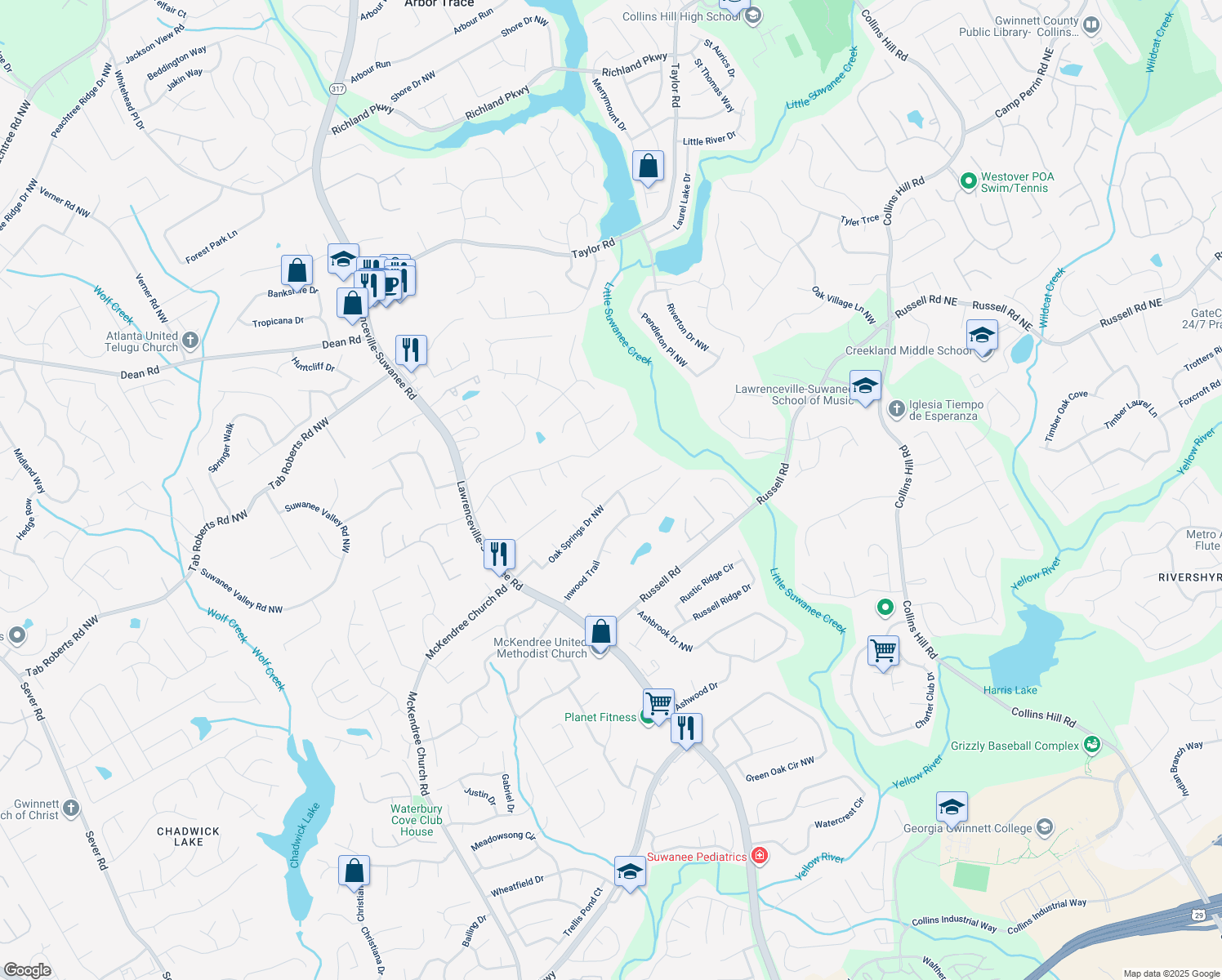 map of restaurants, bars, coffee shops, grocery stores, and more near 455 Oak Springs Drive Northwest in Lawrenceville