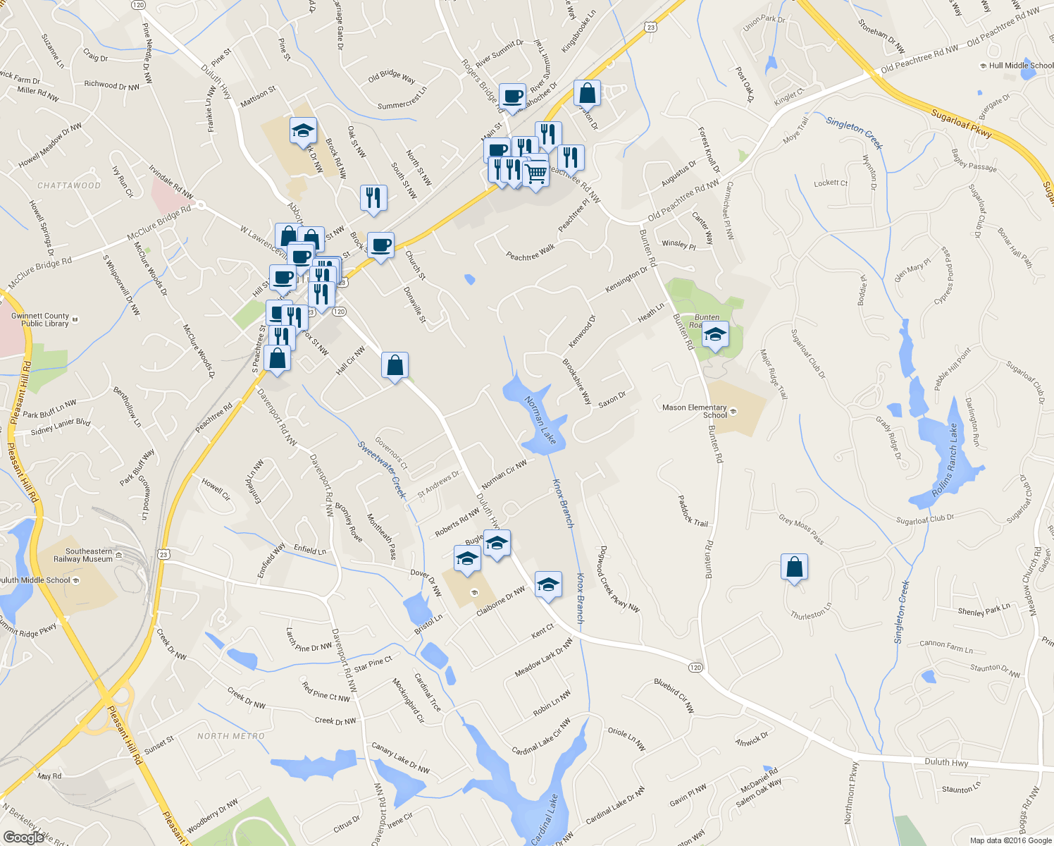 map of restaurants, bars, coffee shops, grocery stores, and more near 3146 Lake View Drive Northwest in Duluth