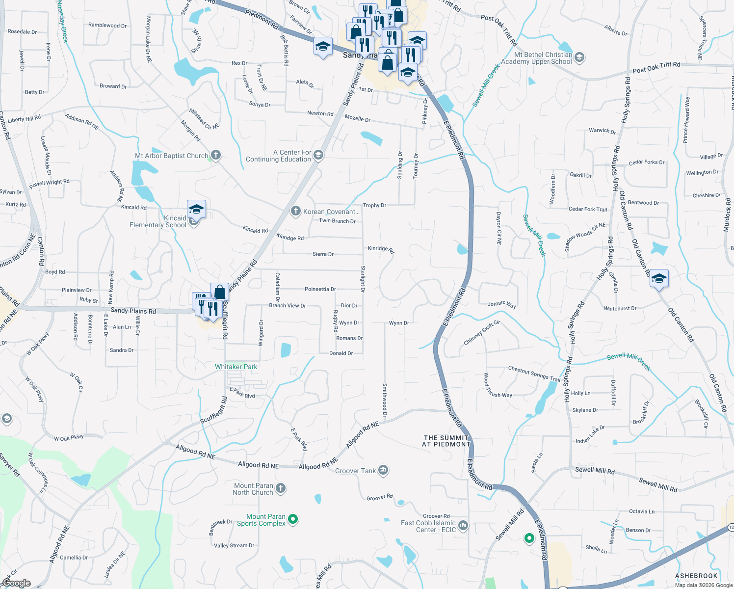 map of restaurants, bars, coffee shops, grocery stores, and more near 1854 Starlight Drive in Marietta