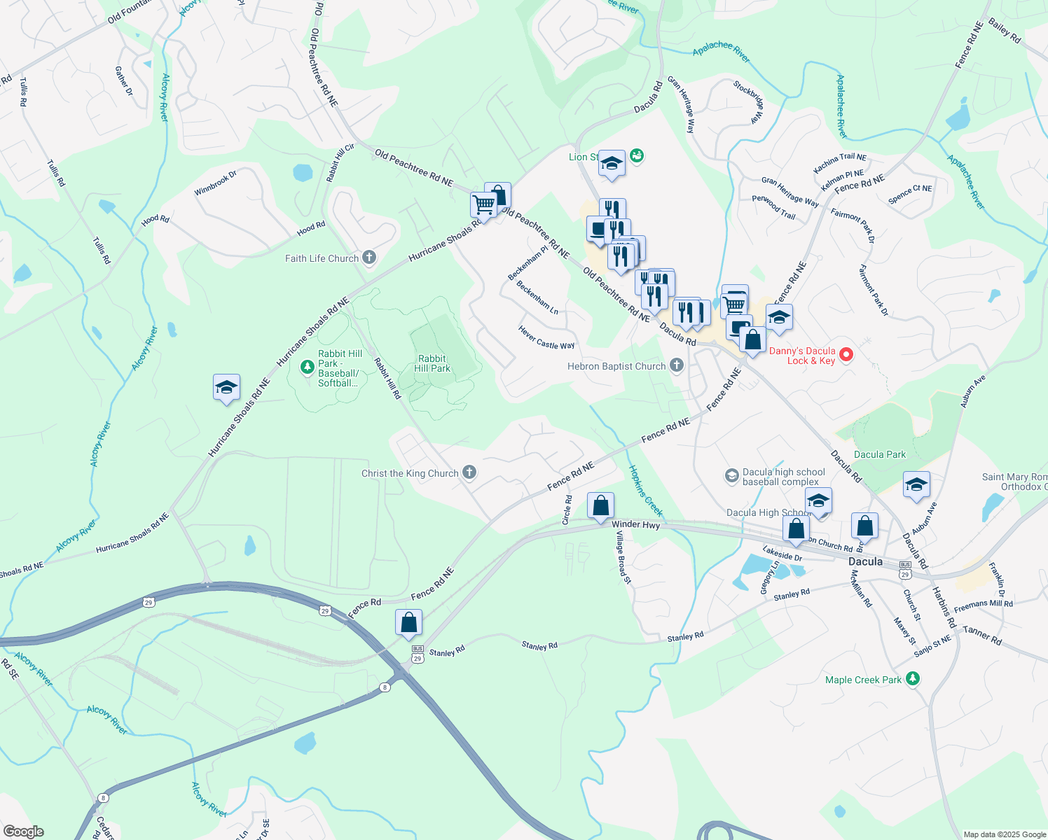 map of restaurants, bars, coffee shops, grocery stores, and more near 321 Yarbrough Court in Dacula