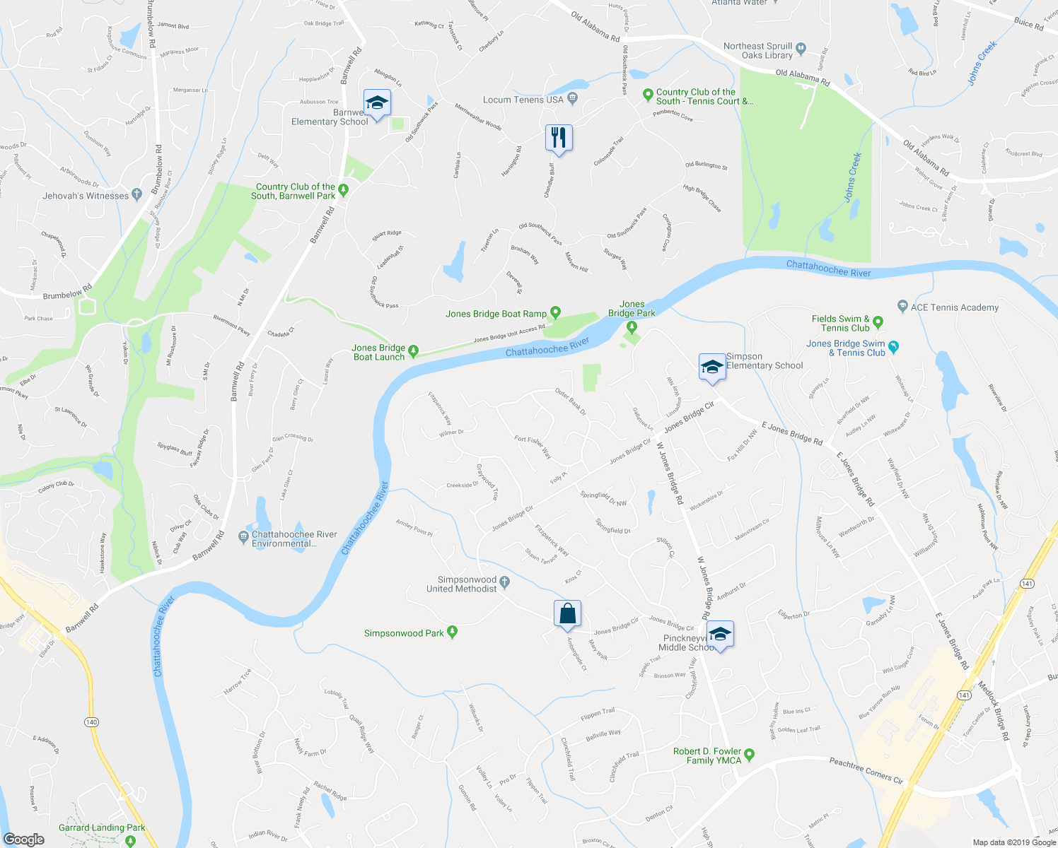 map of restaurants, bars, coffee shops, grocery stores, and more near 5506 Southport Close in Norcross
