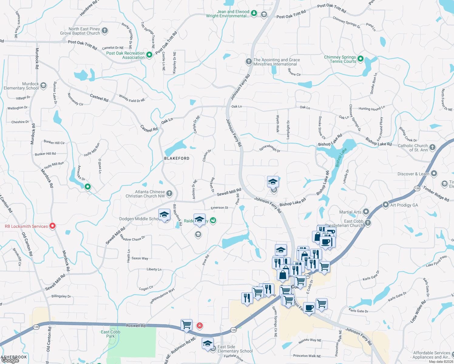 map of restaurants, bars, coffee shops, grocery stores, and more near 3905 Ardsley Drive Northeast in Marietta