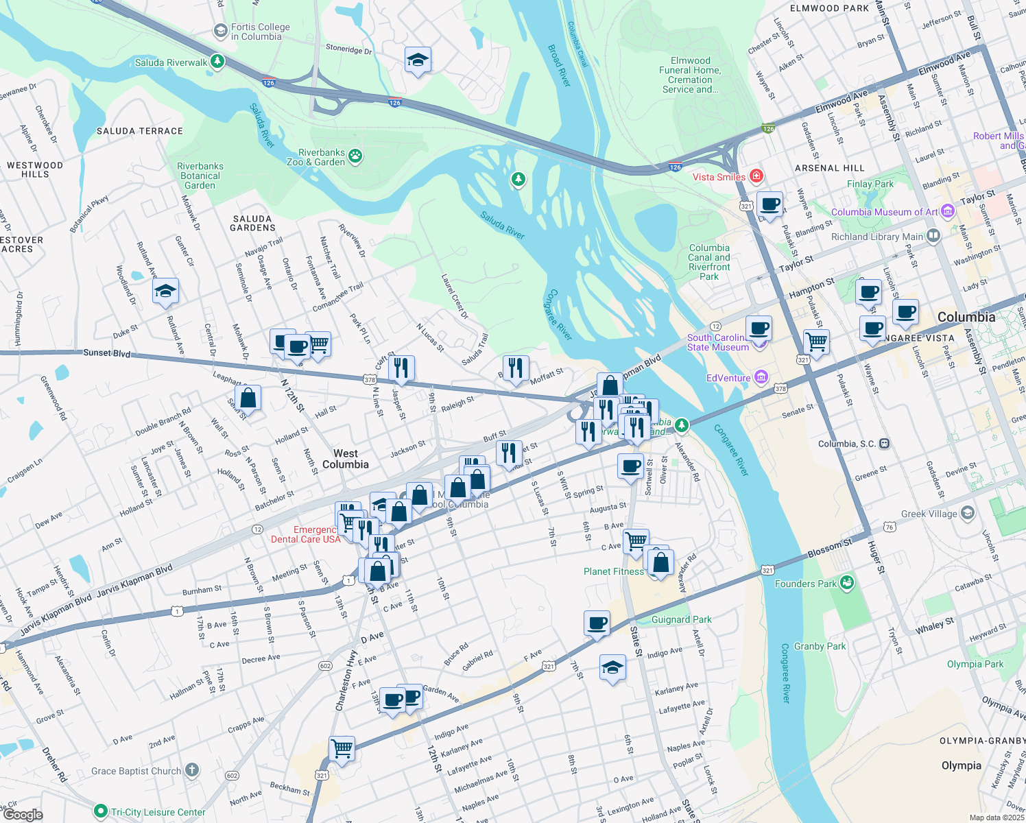 map of restaurants, bars, coffee shops, grocery stores, and more near 406 North Lucas Street in West Columbia