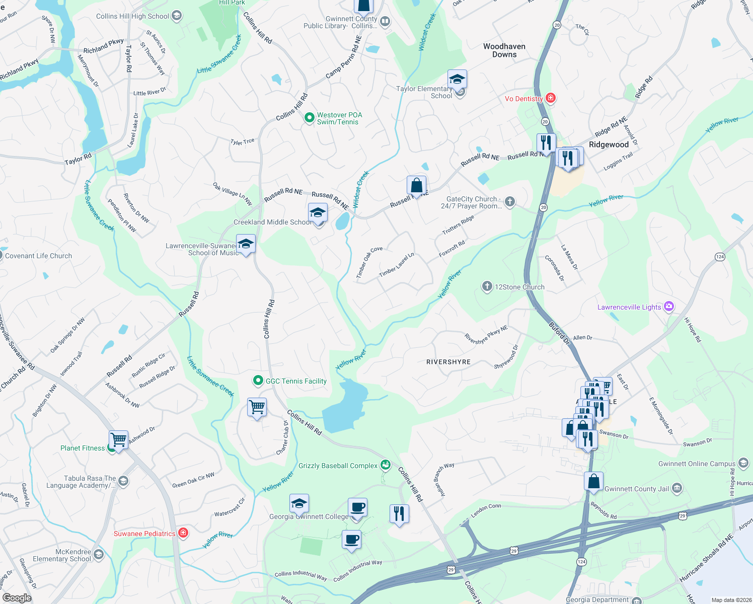 map of restaurants, bars, coffee shops, grocery stores, and more near 1510 Laurel River Trail in Lawrenceville