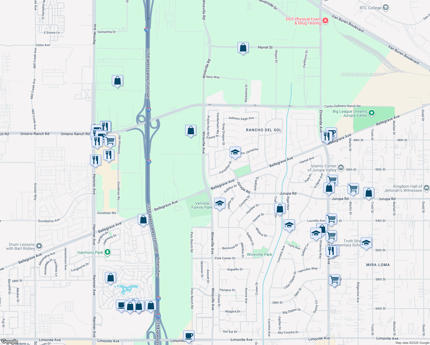 map of restaurants, bars, coffee shops, grocery stores, and more near 11781 Forsythia Street in Jurupa Valley