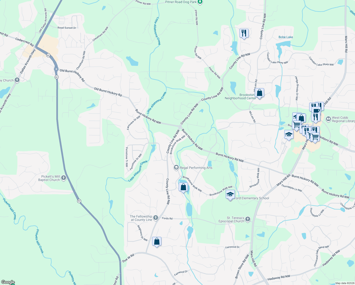 map of restaurants, bars, coffee shops, grocery stores, and more near 5882 Brookstone Walk Northwest in Acworth