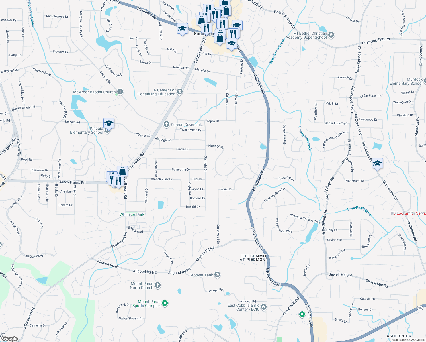 map of restaurants, bars, coffee shops, grocery stores, and more near 1854 Starlight Drive in Marietta