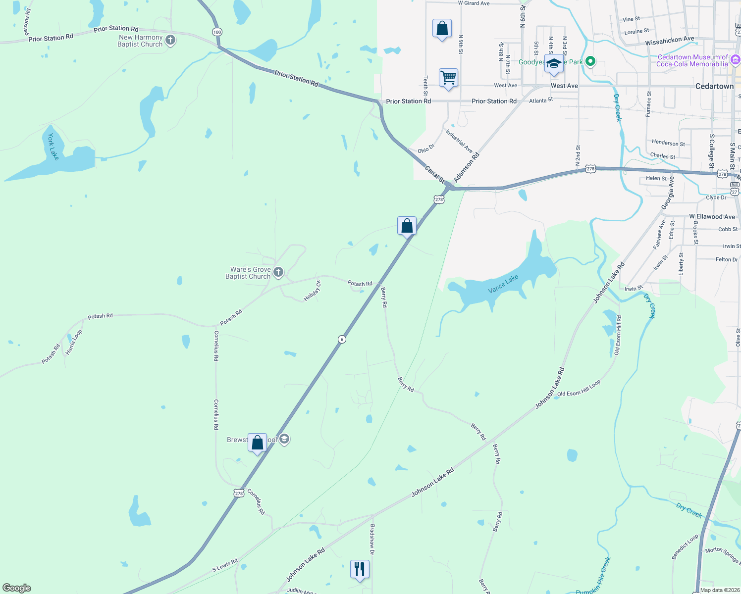 map of restaurants, bars, coffee shops, grocery stores, and more near Highway 6 in Cedartown