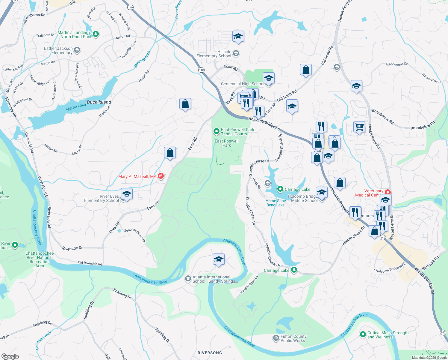 map of restaurants, bars, coffee shops, grocery stores, and more near 8740 Torrington Dr in Roswell
