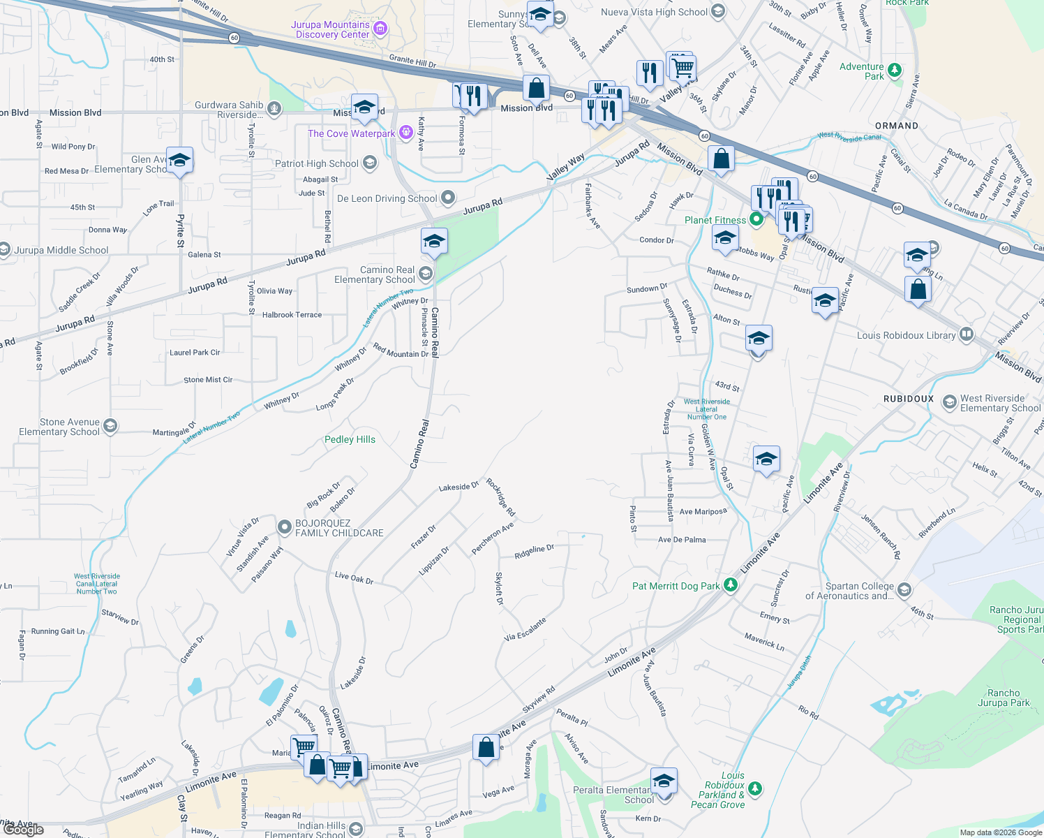 map of restaurants, bars, coffee shops, grocery stores, and more near 7369 Lakeside Drive in Riverside