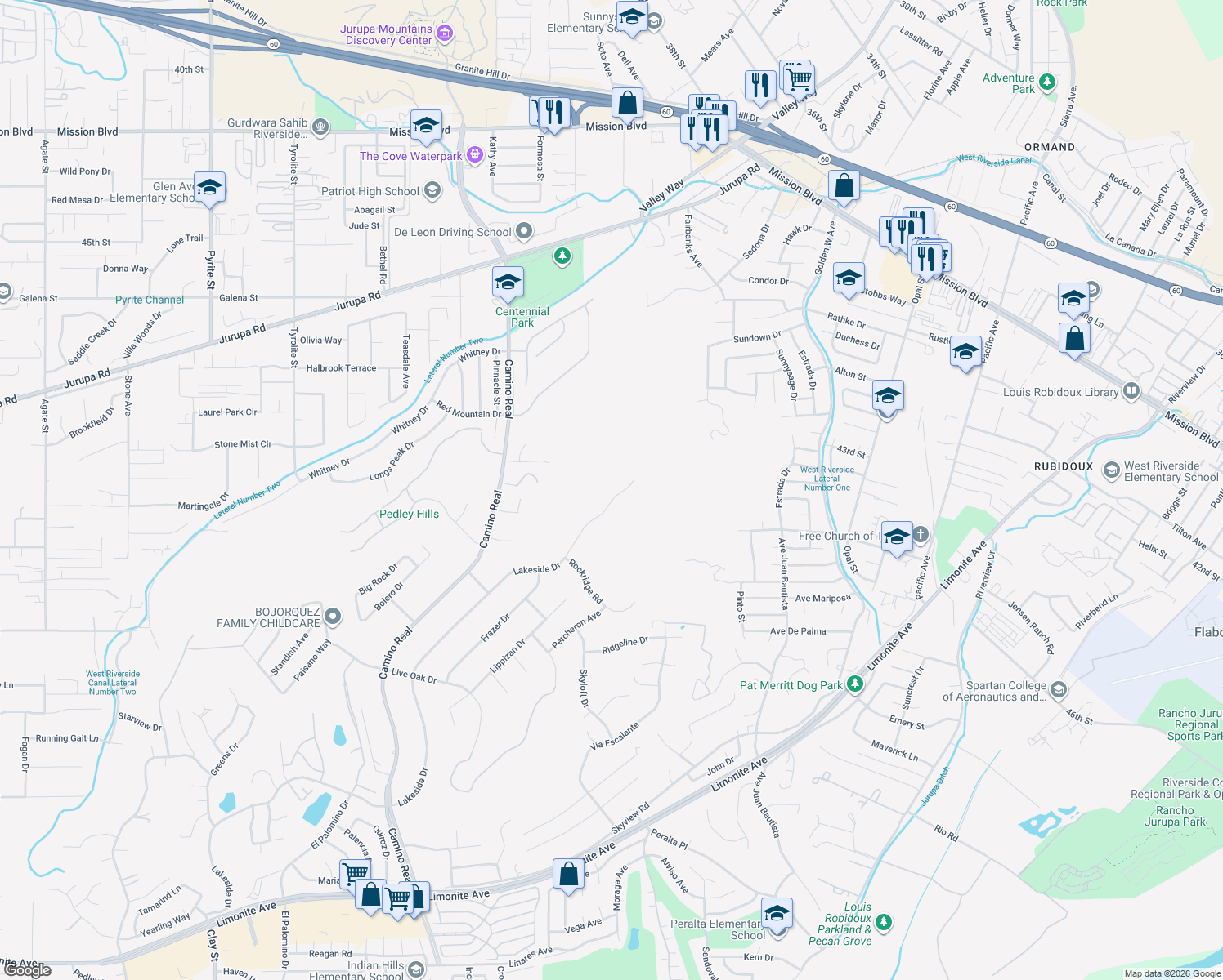 map of restaurants, bars, coffee shops, grocery stores, and more near 7369 Lakeside Drive in Riverside