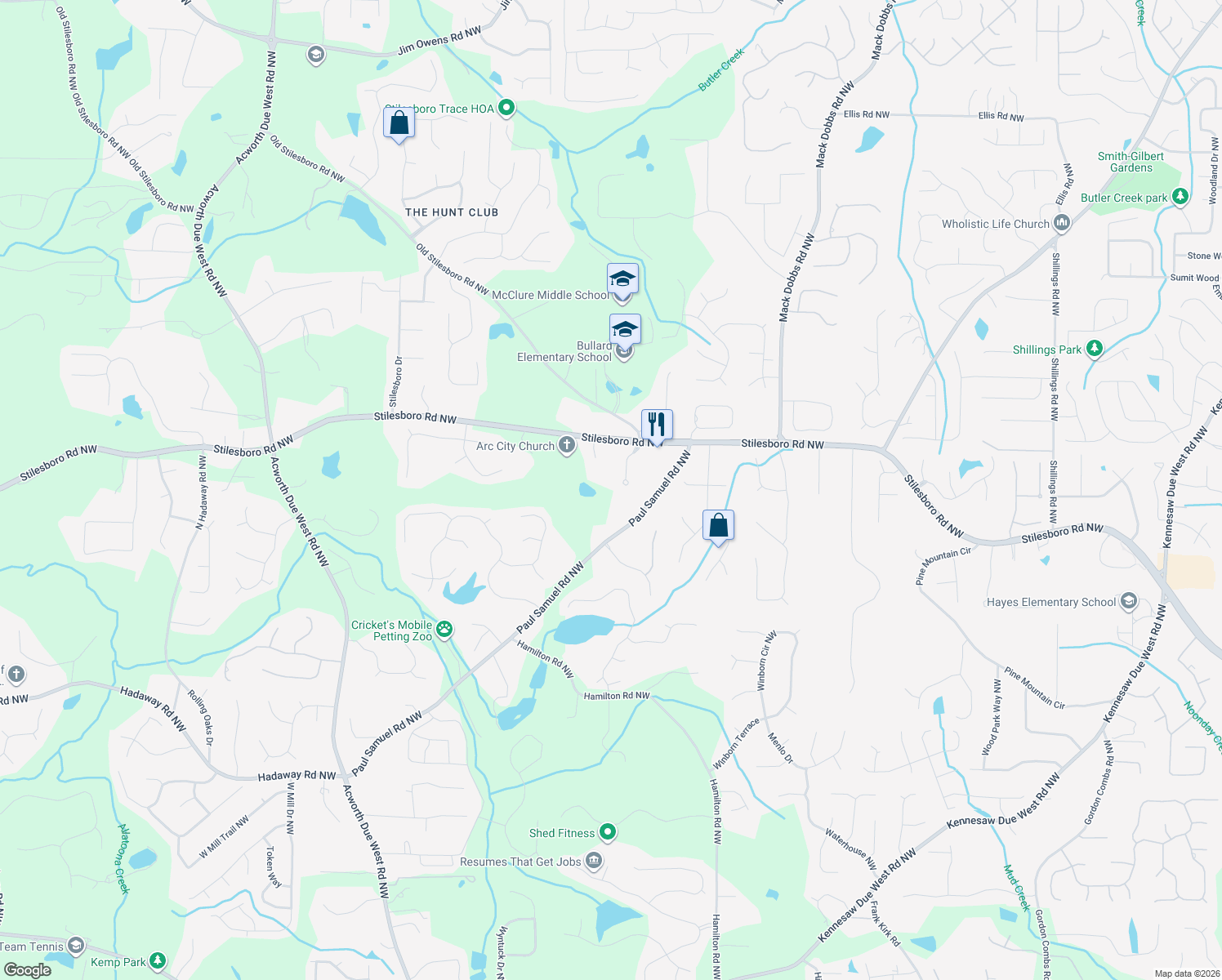 map of restaurants, bars, coffee shops, grocery stores, and more near 3685 Stilesboro Road Northwest in Kennesaw