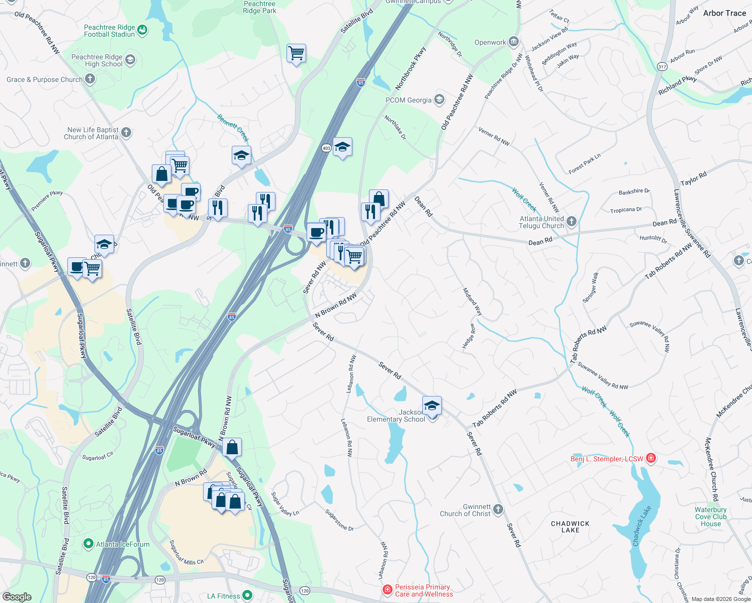 map of restaurants, bars, coffee shops, grocery stores, and more near 1438 Legrand Circle Northwest in Lawrenceville