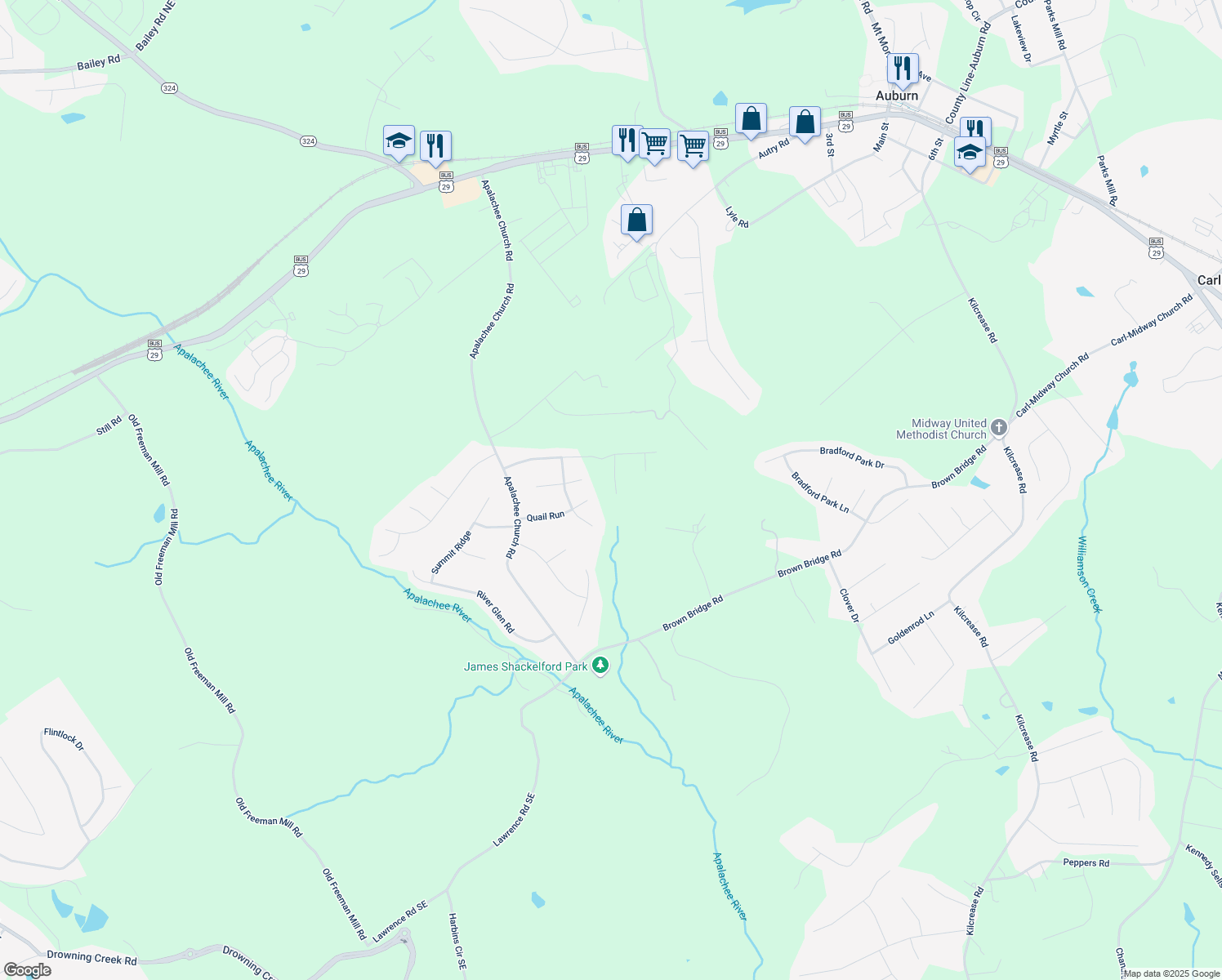 map of restaurants, bars, coffee shops, grocery stores, and more near 1541 Oakhill Road in Auburn