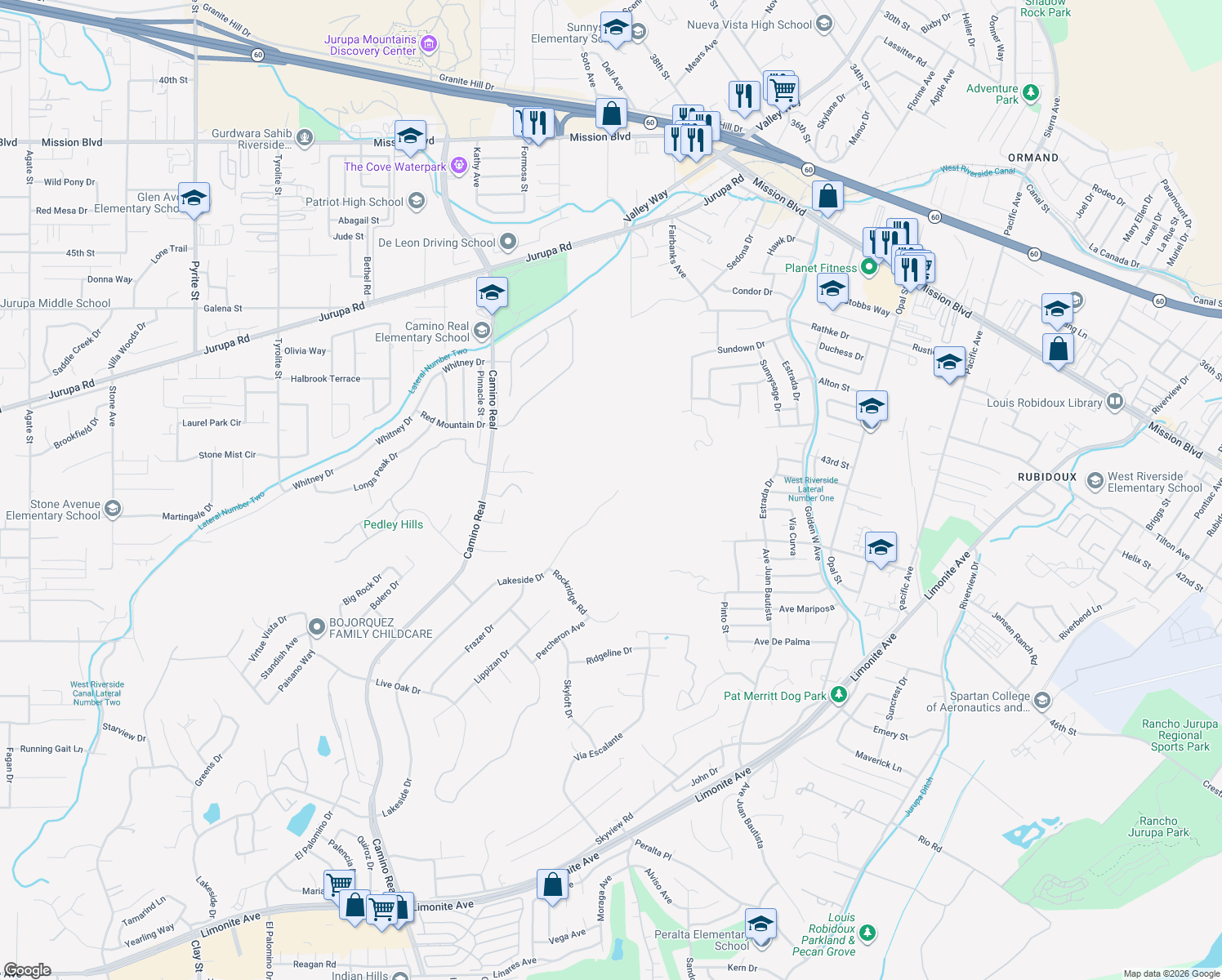 map of restaurants, bars, coffee shops, grocery stores, and more near 7339 Lakeside Drive in Riverside
