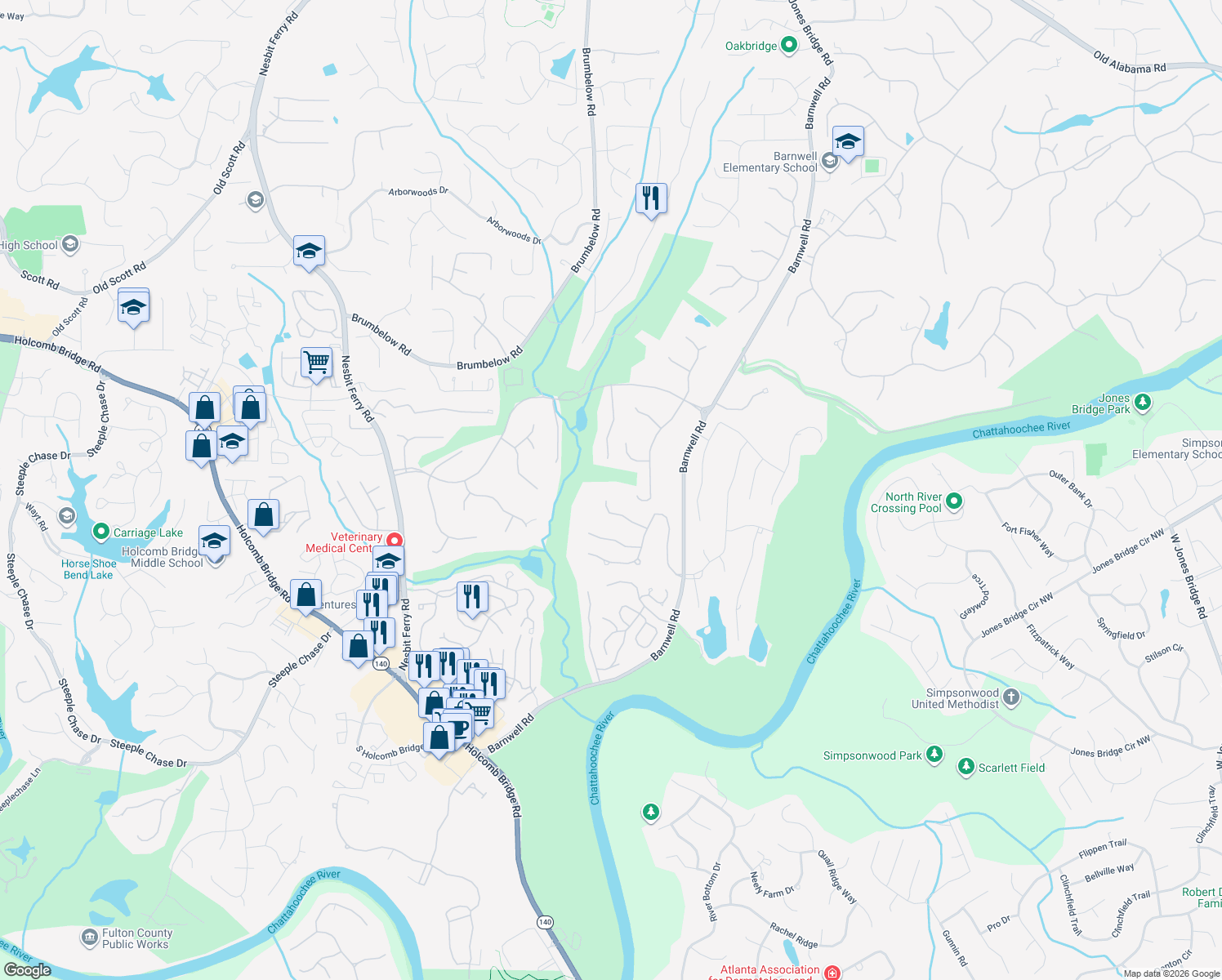 map of restaurants, bars, coffee shops, grocery stores, and more near 555 Matterhorn Way in Alpharetta