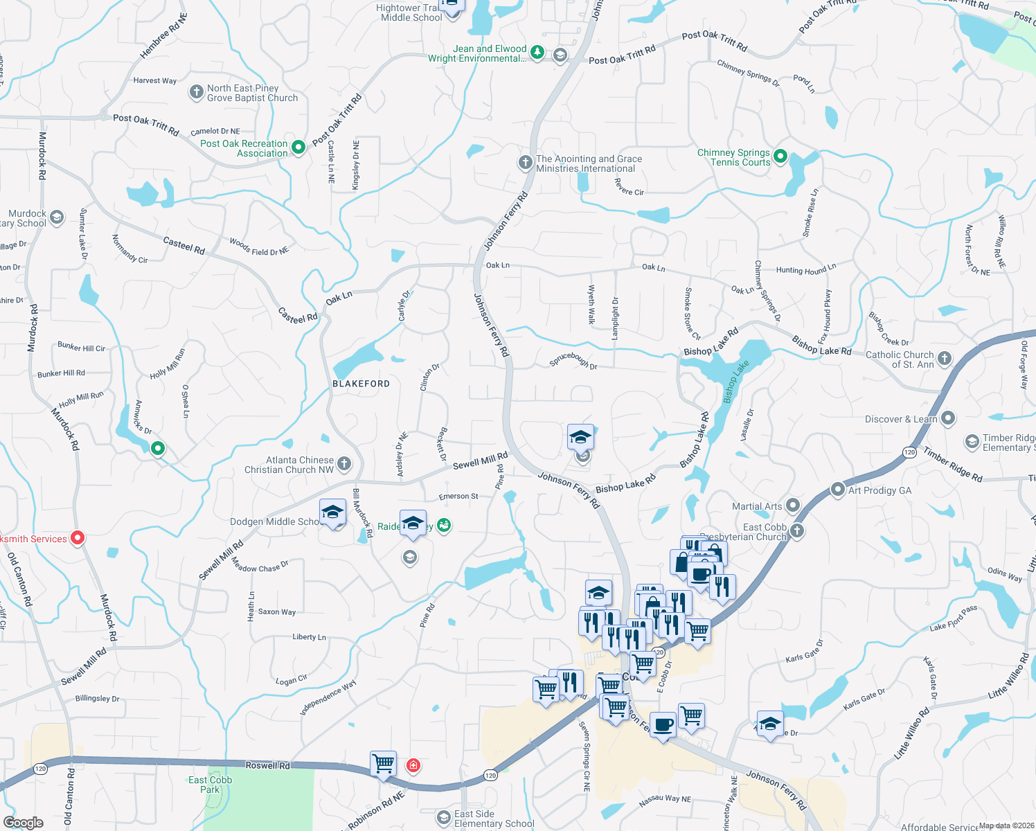 map of restaurants, bars, coffee shops, grocery stores, and more near 4080 Oak Forest Circle in Marietta