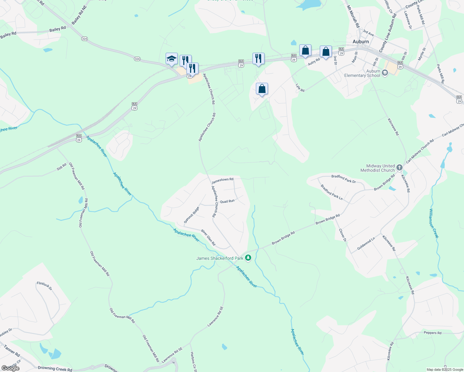 map of restaurants, bars, coffee shops, grocery stores, and more near 1523 Hunters Cove in Auburn