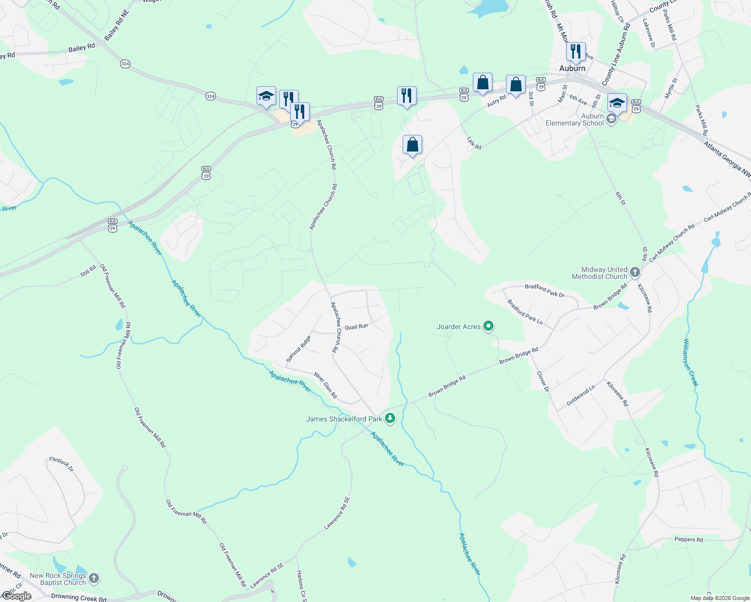map of restaurants, bars, coffee shops, grocery stores, and more near 1526 Pointer's Way in Auburn