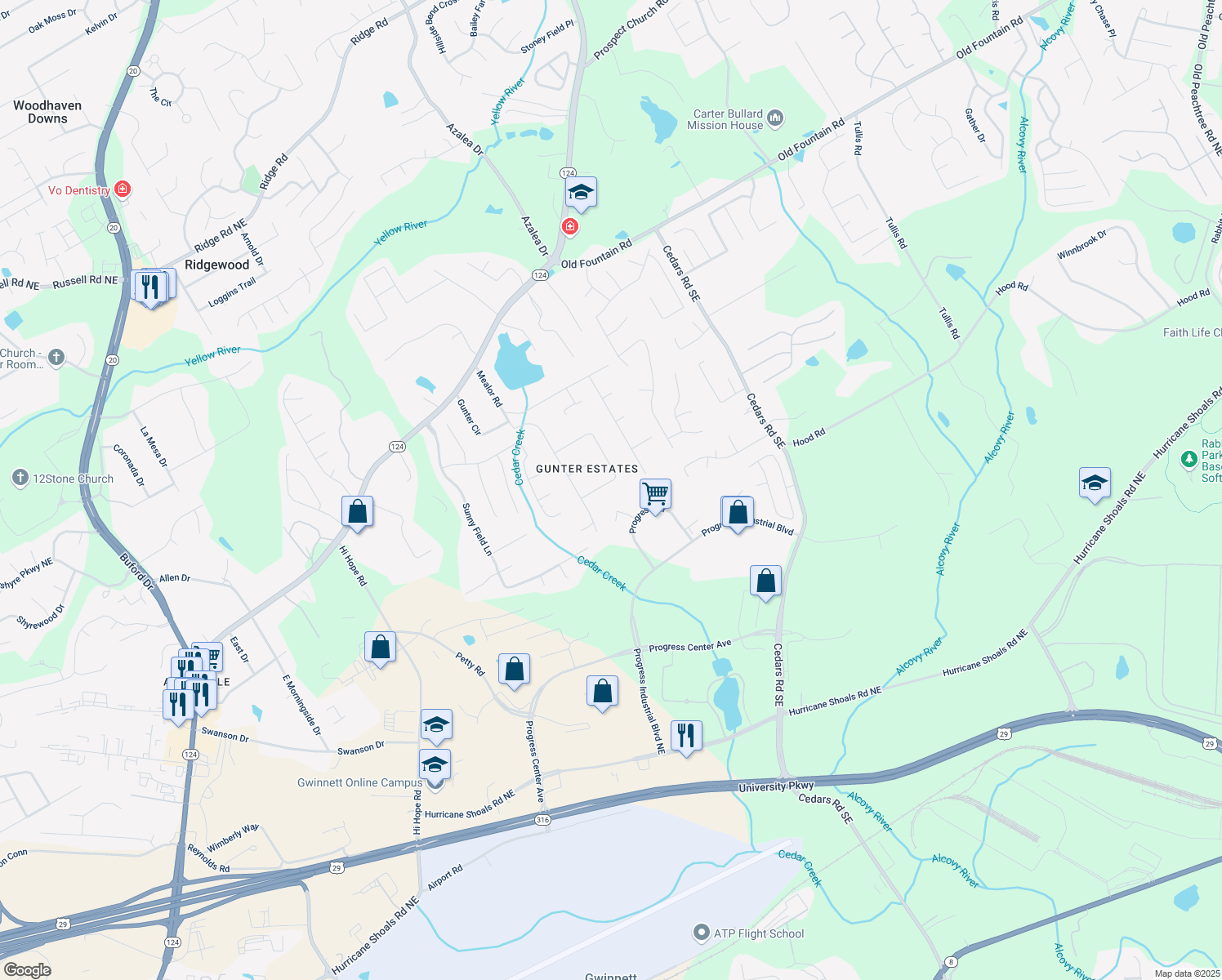 map of restaurants, bars, coffee shops, grocery stores, and more near 1154 Oak Grove Cir in Lawrenceville