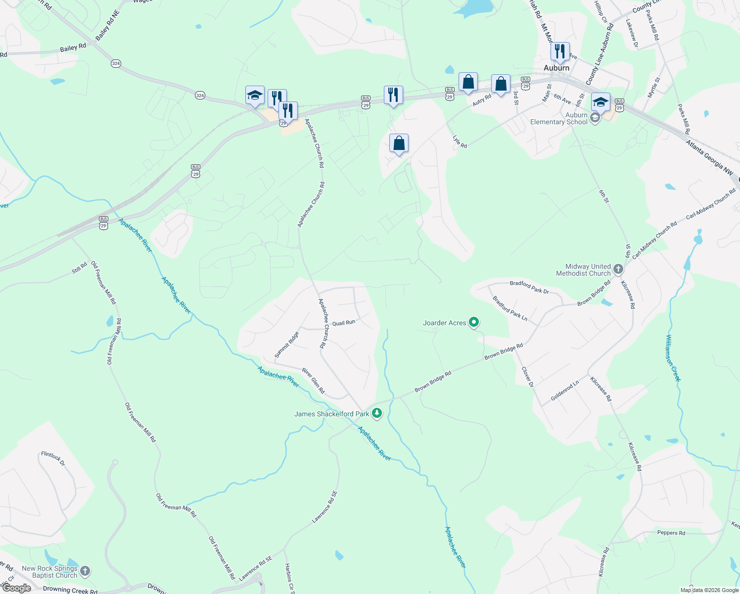 map of restaurants, bars, coffee shops, grocery stores, and more near 1526 Pointer's Way in Auburn
