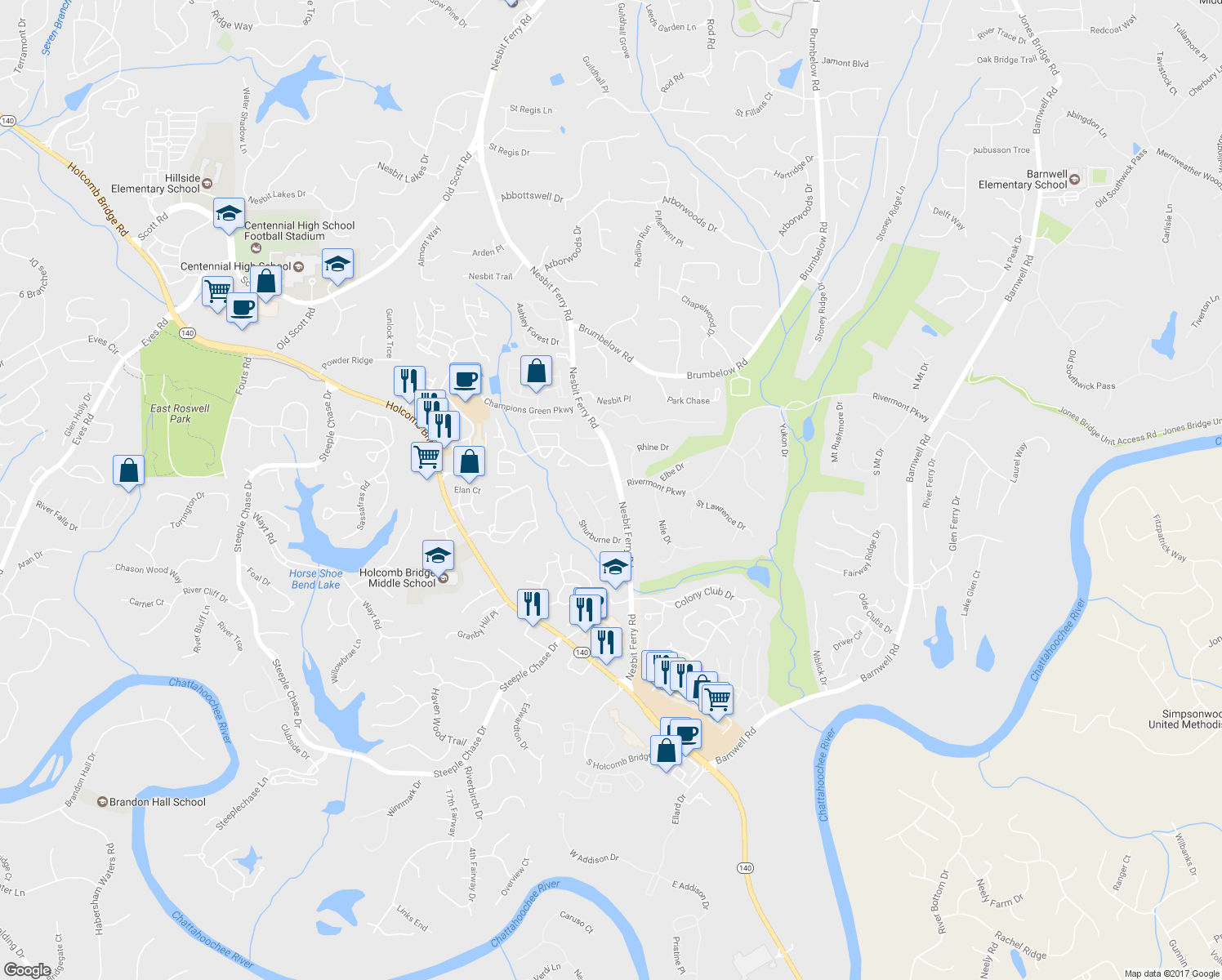 map of restaurants, bars, coffee shops, grocery stores, and more near 135 Halstead Court in Alpharetta