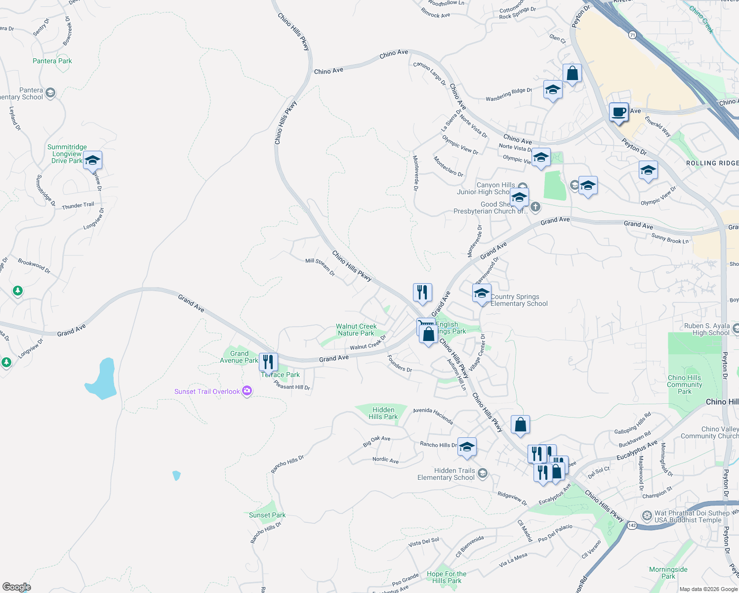 map of restaurants, bars, coffee shops, grocery stores, and more near 14148 Heathervale Drive in Chino Hills