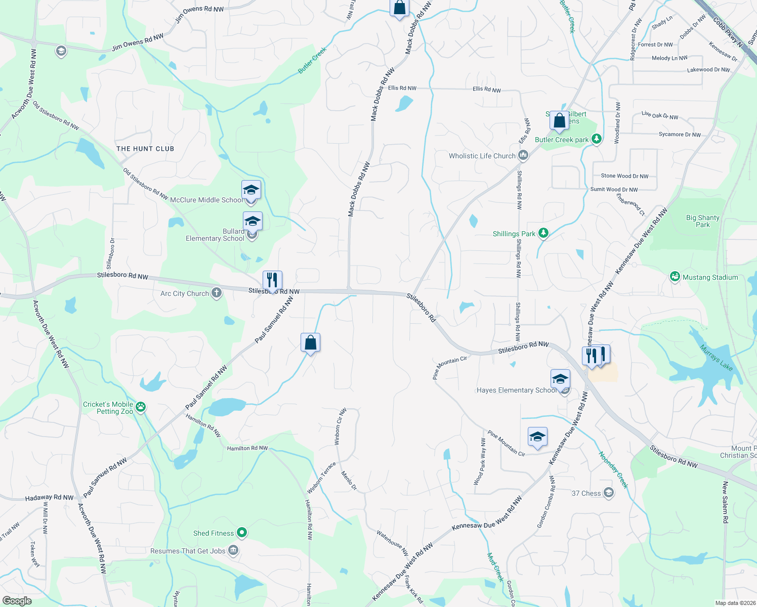 map of restaurants, bars, coffee shops, grocery stores, and more near 1794 Cloverhurst Lane in Kennesaw