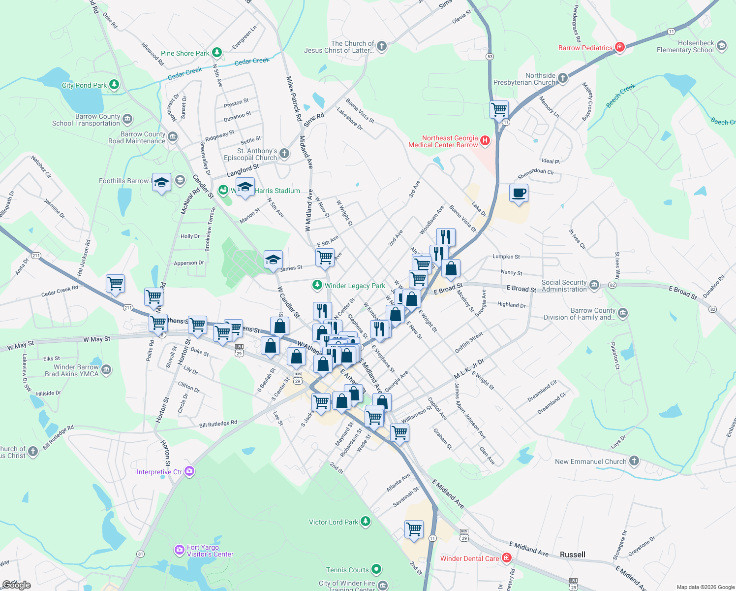 map of restaurants, bars, coffee shops, grocery stores, and more near 142 Woodlawn Ave in Winder