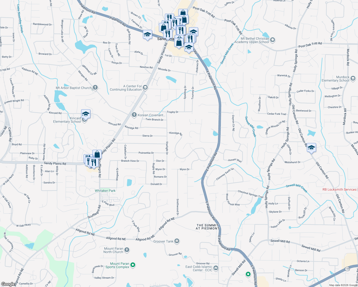 map of restaurants, bars, coffee shops, grocery stores, and more near 2015 Kinridge Road in Marietta
