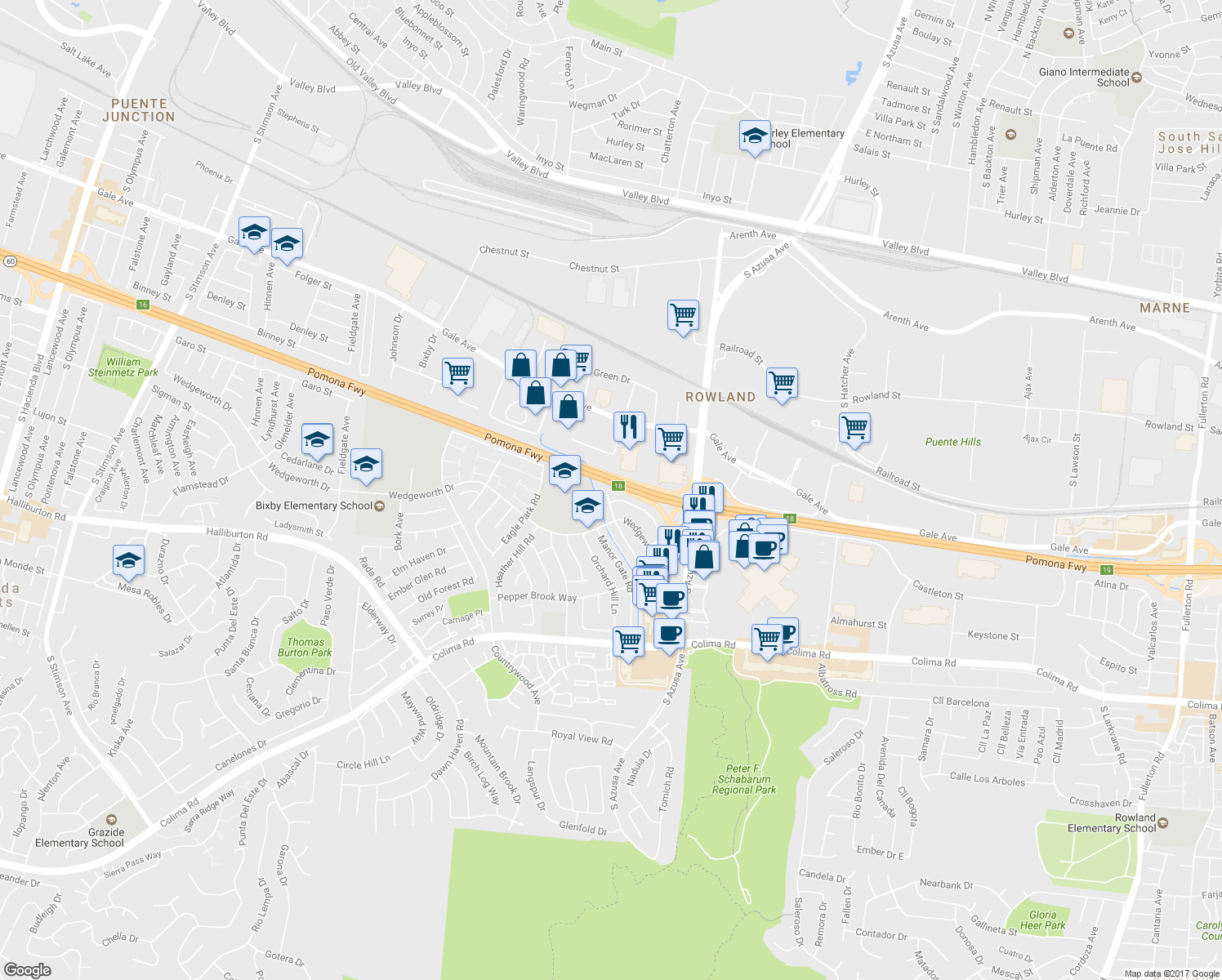 map of restaurants, bars, coffee shops, grocery stores, and more near 16907 Ridge Park Drive in Hacienda Heights