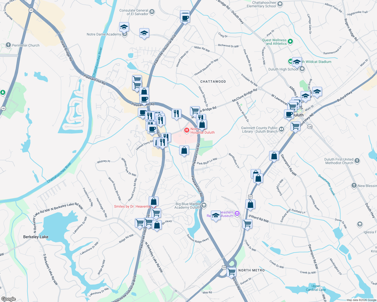 map of restaurants, bars, coffee shops, grocery stores, and more near 3765 Meeting Street Northwest in Duluth