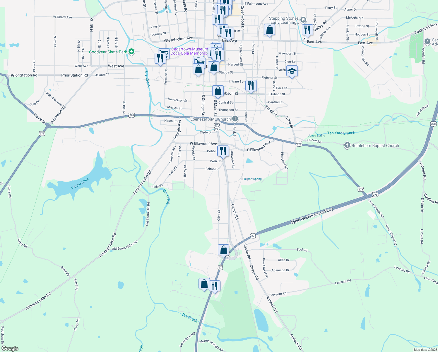 map of restaurants, bars, coffee shops, grocery stores, and more near 228 Olive St in Cedartown