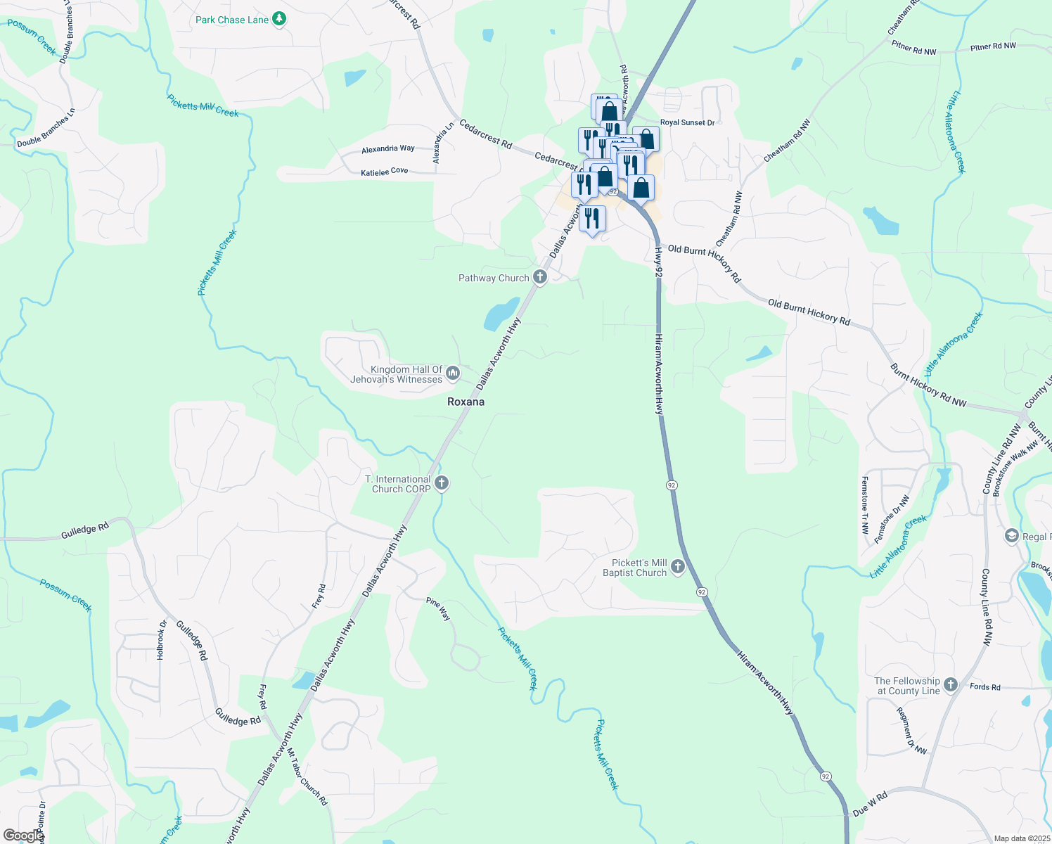 map of restaurants, bars, coffee shops, grocery stores, and more near 21 Mill Creek Hollow in Dallas